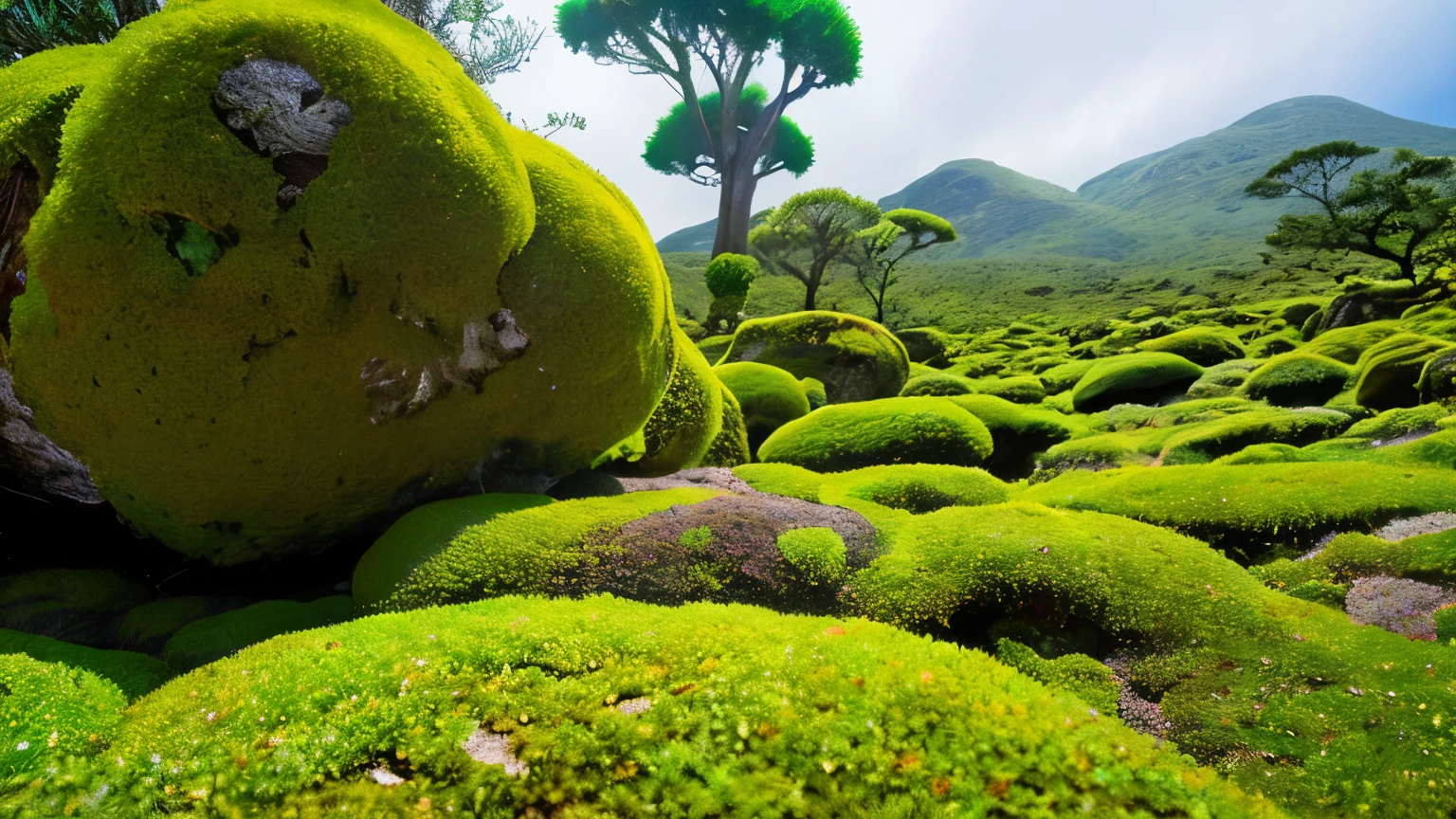 Moss-clad boulders rise majestically, adorned in a rich tapestry of emerald growth. Each tender tuft of moss glows with vibrant life, weaving a lush carpet over the rugged stone canvas. The image, possibly a photograph, captures the intricate beauty of nature's quiet resilience with stunning clarity. This exquisite depiction exudes a sense of peaceful serenity, transporting viewers to a tranquil moss-covered oasis.