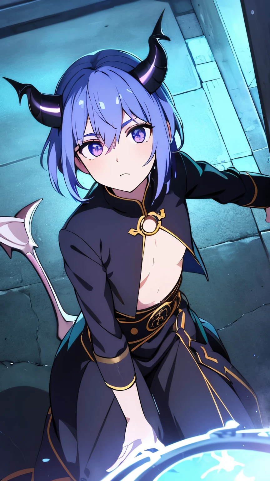 1 boy ,(big Stigmata), non binary, androgynous, School courtyard, (floating hair), ((in courtyard fountain)), character focus, ((black light)),((dark lighting)), cinematic lighting ,(darkness), (concept art), ((innocent face)), blue short straight hair, light blue hair color, dragonoid girl, short, short blue hairy, glowing bluish-purple horns, bluey-purple eye color, (glowing eyes), high resolution,(incredibly absurdres) ,extremely detailed CG unity 8k wallpaper, ((masterpiece)), ((top-quality)), (beautiful illustration), ((an extremely delicate and beautiful)), (masterpiece, Best quality, ultra high resolution), 1 girl, pale skin, Black Crown, purple eyes, Luminous_eyes, neon blue eyes, ultra detailed eyes, Beautiful and detailed face, detailed eyes, (Centered, torso), (wide shot:0.9), facing the viewer, Eye level, flat chested, flat chest, cup size AAA, Wearing black cargo shorts, sharp horns, blue horns on top of head,