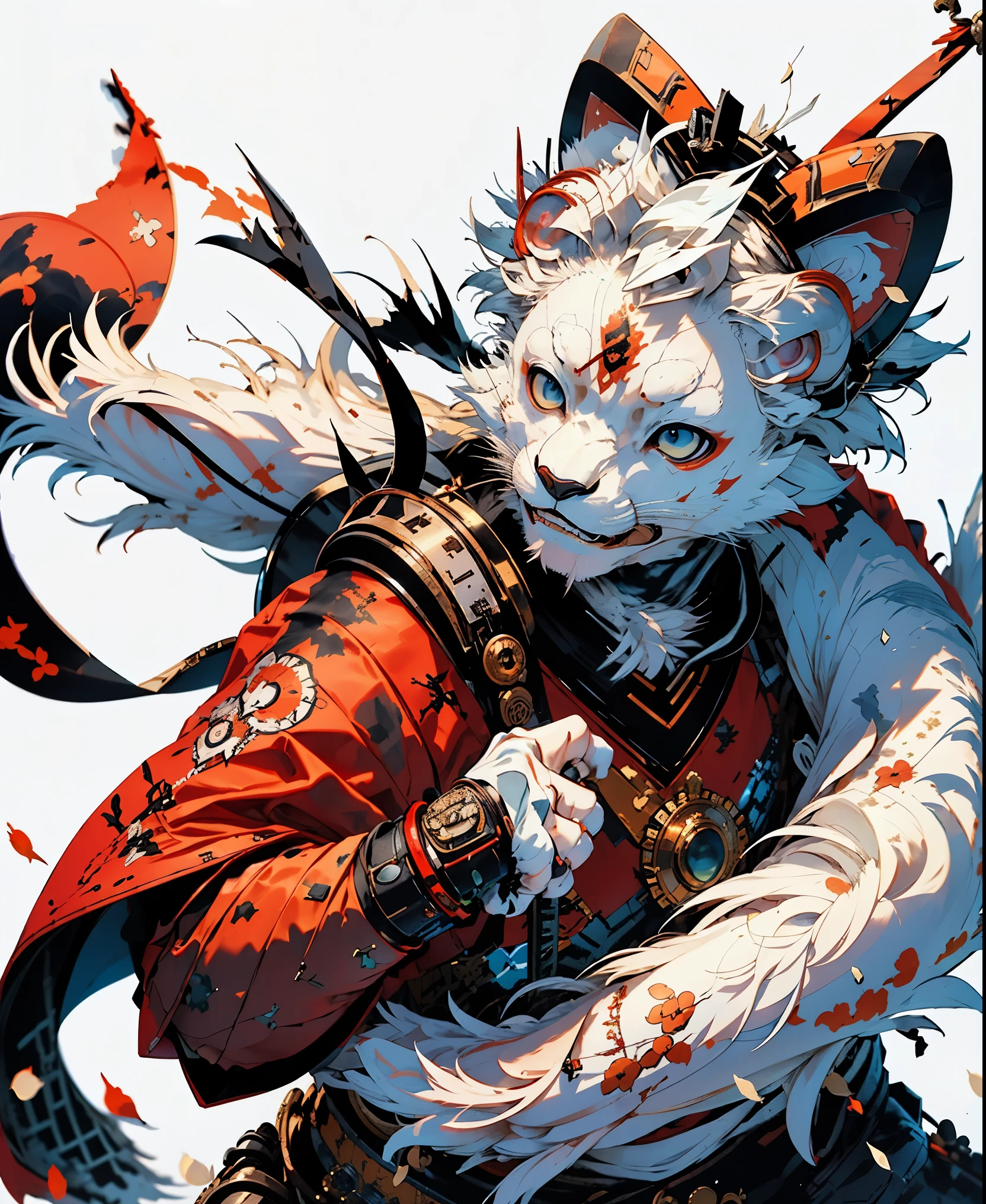 32K UHD QUALITY RESOLUTION, white lion, samurai warrior, highly detailed samurai battle armor and sashimono war flag, dynamic battle pose, blood splattered, cherry blossoms blowing in the wind, post apocalyptic feudal Japan background 