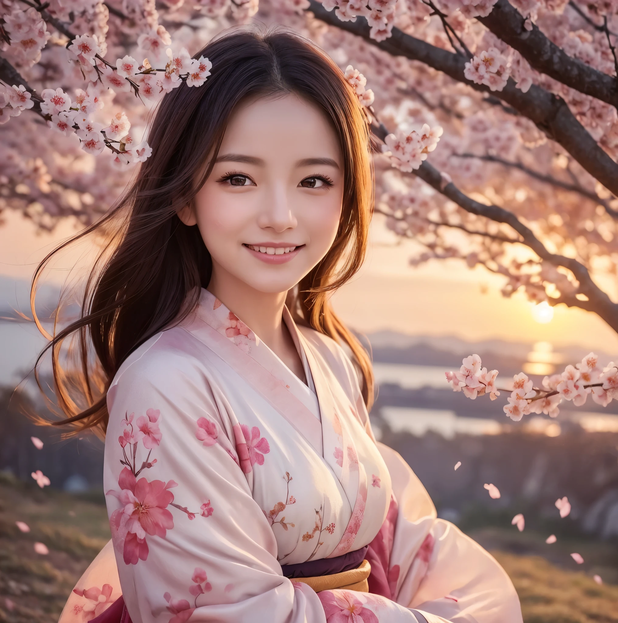 (((Portrait of a lover))), Beautiful depiction of a female character scattering cherry blossom petals, Sparkling eyes, Adorable smile, Gorgeous kimono, Delicate and beautiful painting quality, happy atmosphere, Warm tones, Sunset landscape, cloudy ash sky, Graceful pose, Expression of soft light, Inspiring landscape depictions