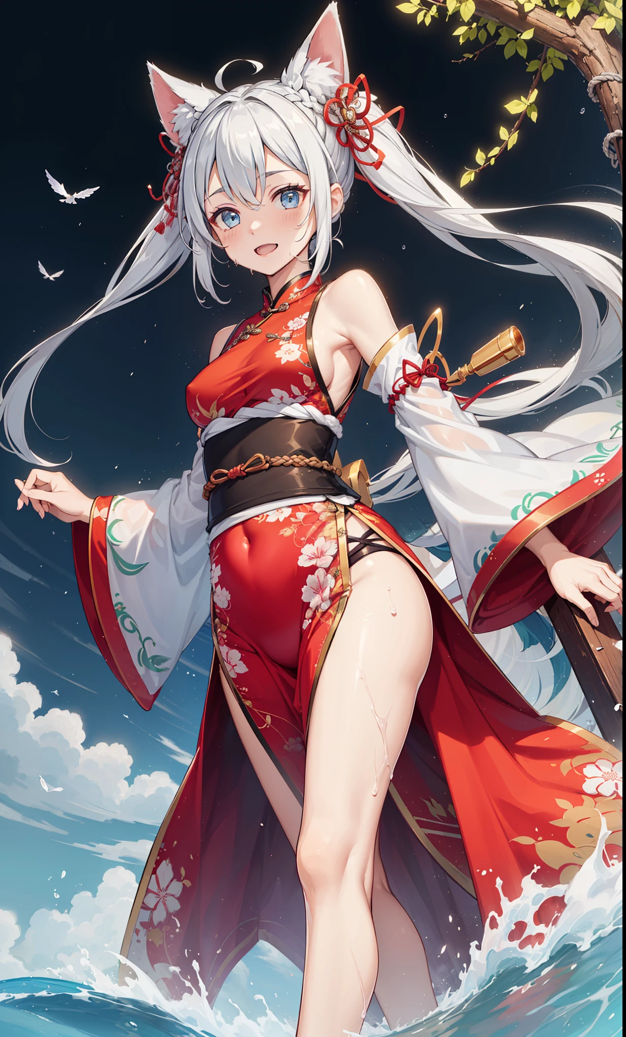 top quality，best resolution，(Drenched white long cheongsam），Super detailed, She has a white twin tail，young women，charm，Design intricate clothes，blue eyes，Vision cloud light paradise，Elegant and charming，((Wet people，背景是water雾缭绕的中国温泉，Lots of fog，water))，leg rings，anklet，night，little lighting，charm的姿势，Intricately designed clothing，Beautifully decorated，出water芙蓉