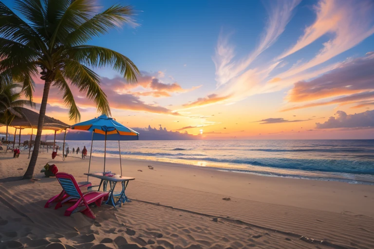 (best quality,4k,8k,highres,masterpiece:1.2),ultra-detailed,(realistic,photorealistic,photo-realistic:1.37),summer beach party,funny colorful atmosphere,sparkling ocean waves,sandy shore,people dancing and laughing,watermelon slices,floating inflatables,beach umbrellas,refreshing drinks,cool sunglasses,happy faces,sunset silhouette,joyful music,energetic vibes,sandy footprints,flying seagulls,vibrant beachwear,beach balls,beach volleyball,coconut drinks,bonfire by the beach,fireworks lighting up the sky,summer breeze,festive decorations,barbecue grills,party games,fiery sunset hues,beach-themed cocktails,straw hats,sandcastles,beautiful coastline,beachside palm trees,dancing shadows,seashells and starfish,ice cream carts,smiling lifeguards,friendship and laughter,memorable moments,unforgettable summer experience