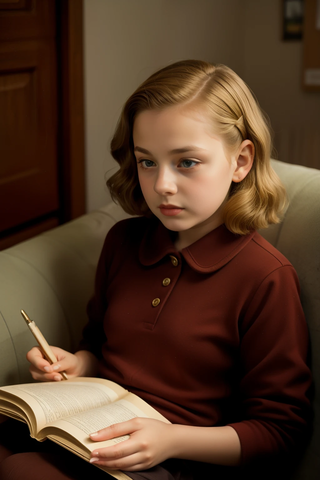 Molching, Germany, 1942. ((((-yeld)) sel Meminger)), very thin, kind, big-hearted, dangerous dark eyes, reading a book, ((sad expression)). ((((poor casual clothings from the 1940s)))), ((dark-blond hairstyle of the 1940s))