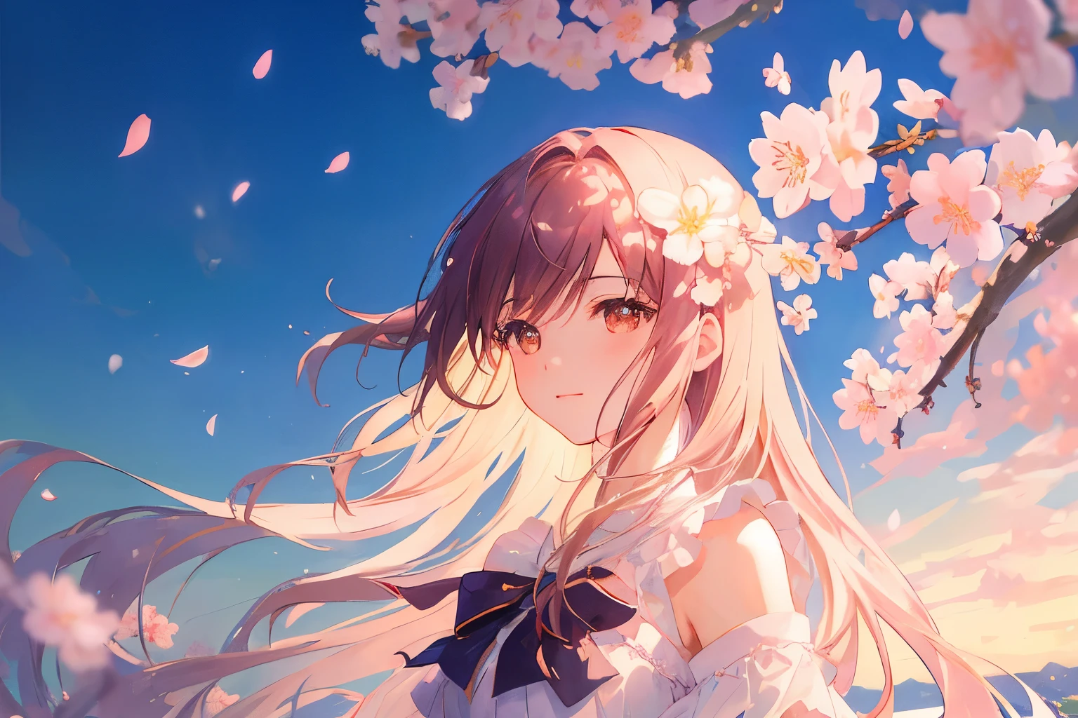 Create exquisite illustrations reminiscent of Makoto Shinkai's style, It has ultra-fine details and top-notch quality. Generate a high-quality illustration depicting a scene of spring where cherry blossoms are being scattered by the wind, with a beautiful girl present whose hair is being tousled by the breeze. Ensure that the overall composition exudes a sense of nostalgia and fantasy, with intricate details capturing the ethereal beauty of the cherry blossoms in bloom. Pay attention to elements such as the delicate petals dancing in the wind, the soft sunlight filtering through the branches, and the serene expression on the girl's face as she experiences the fleeting beauty of the cherry blossom season while her hair flows with the breeze. Aim for a finely crafted artwork that transports viewers to a nostalgic and whimsical springtime scene. best quality, masterpiece
