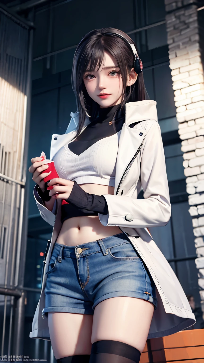 Carrot、Supermodel、perfect shape、Muchimuchi、Three girls are looking at the viewer、 3 girls、、Thighhighs、beautiful feet、hot pants、coat、cyber punk、headphone、gentle smile、Seen by girls from below、Innocent face