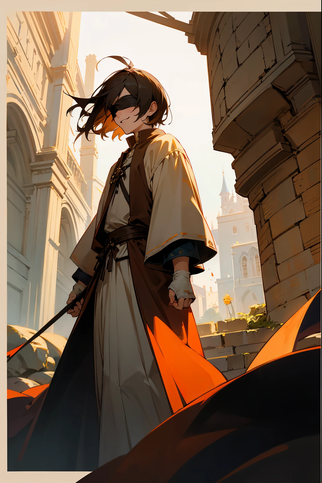 1male, buzzcut, dark hair, black blindfold, old dark medieval clothing, smiling, (old city background), detailed background, walking on path