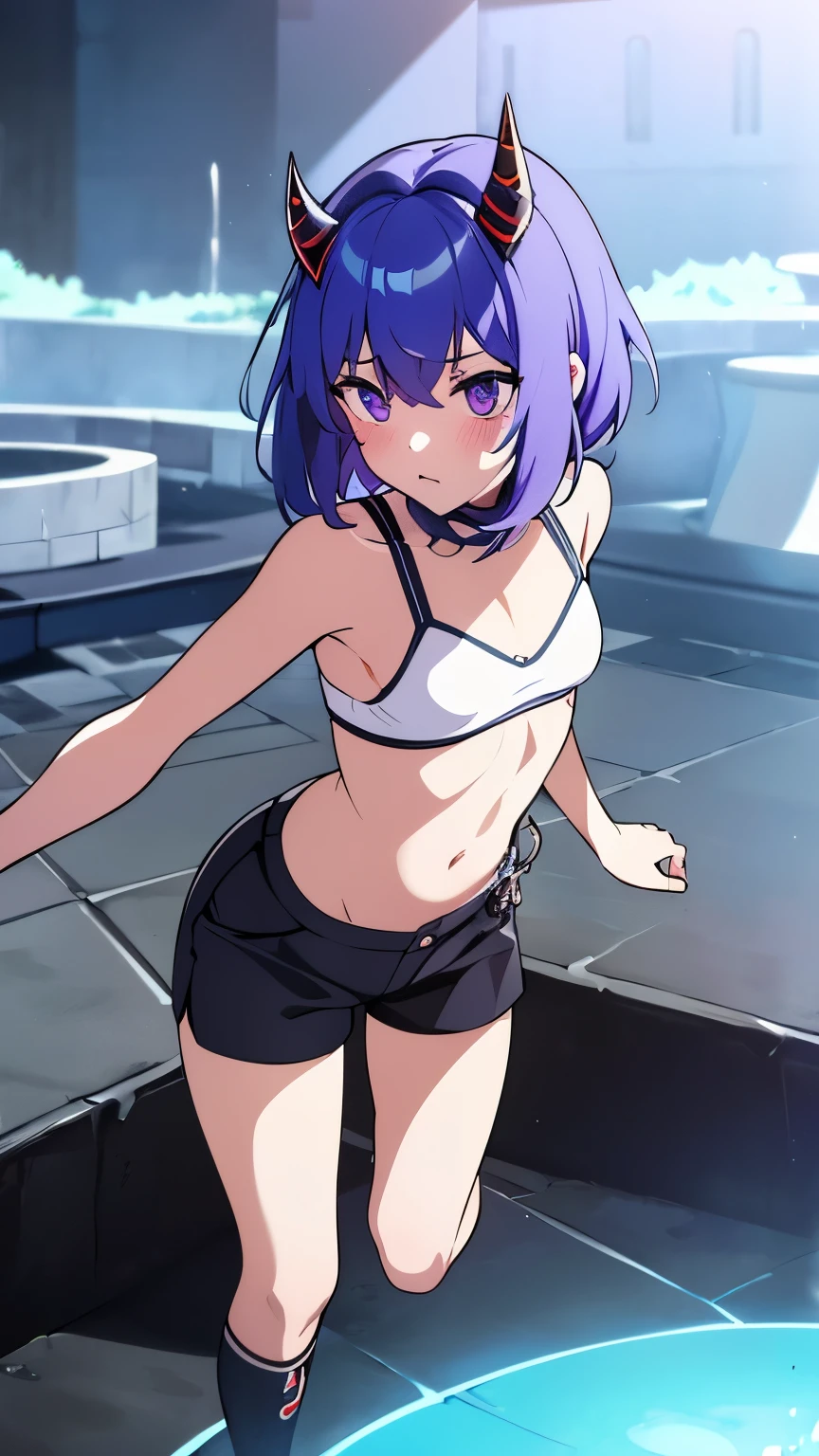 (short ponytail, shy and blush face, Best Quality), ((Masterpiece)), (High Definition:1.3), Beautiful,(Masterpiece), Realistic, Beautiful photo, wide-shot, Dirty street corner、raise right hand、1girl, Slender small breasts、light purple hair、Cute Beautiful Girl、Small Bikini