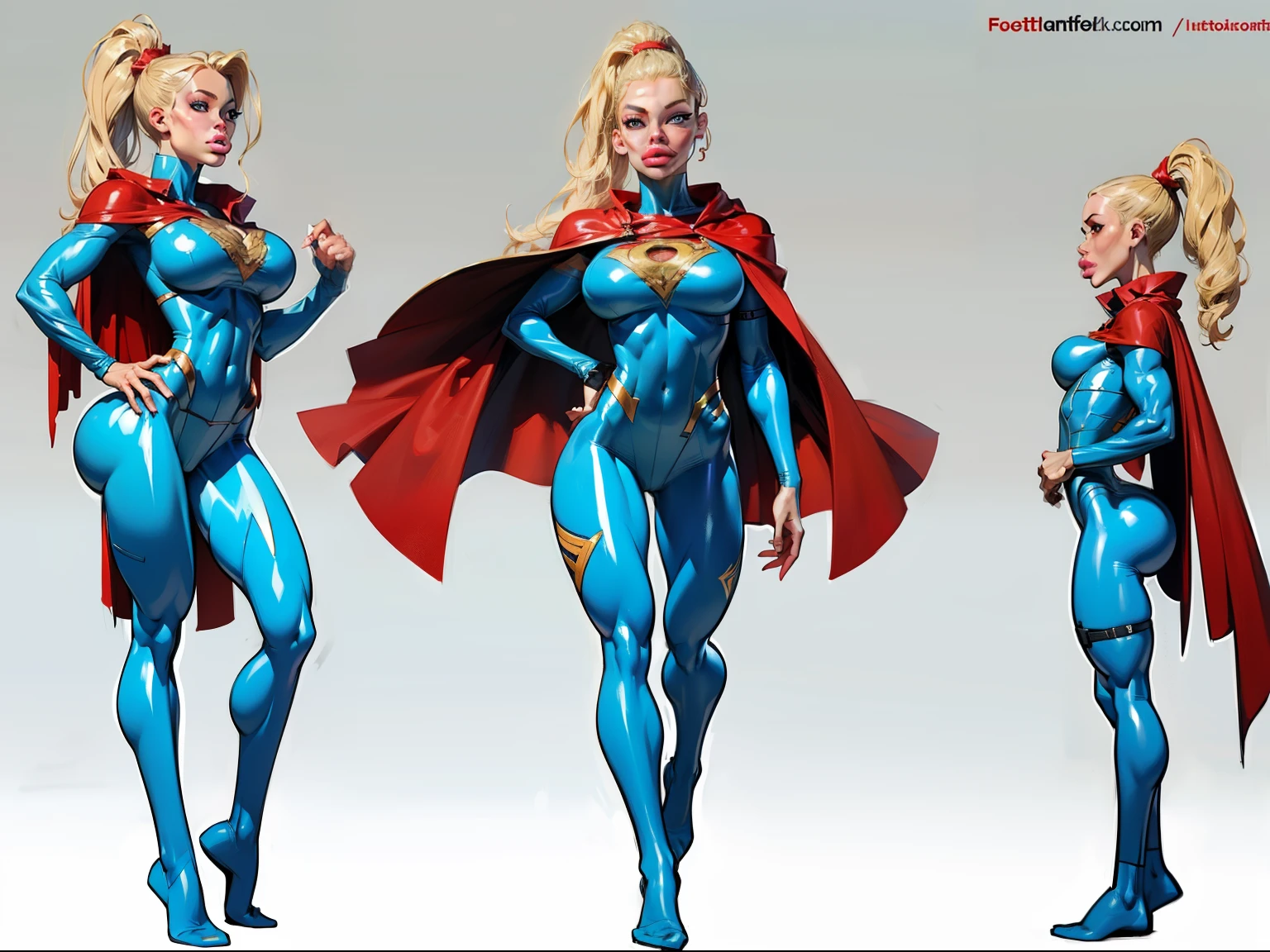 ((masterpiece)),(((best quality))),((character design sheet)), ((full body view)) illustration,1girl, muscular, ((blue bodysuit:1.5)), superhero, (blonde ponytail:1.4), (red cape:1.4) ((detailed face:1.4)) beautiful woman, (red thighhighs:1.3)shiny skin, (gold emblem on chest:1.2),scribbles and marks, (puffy lips:1.5), rough sketches, pose, 8k,16k, (simple background, white background: 1.3)