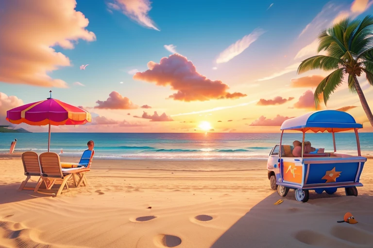 (best quality,4k,8k,highres,masterpiece:1.2),ultra-detailed,(realistic,photorealistic,photo-realistic:1.37),summer beach party,funny colorful atmosphere,sparkling ocean waves,sandy shore,people dancing and laughing,watermelon slices,floating inflatables,beach umbrellas,refreshing drinks,cool sunglasses,happy faces,sunset silhouette,joyful music,energetic vibes,sandy footprints,flying seagulls,vibrant beachwear,beach balls,beach volleyball,coconut drinks,bonfire by the beach,fireworks lighting up the sky,summer breeze,festive decorations,barbecue grills,party games,fiery sunset hues,beach-themed cocktails,straw hats,sandcastles,beautiful coastline,beachside palm trees,dancing shadows,seashells and starfish,ice cream carts,smiling lifeguards,friendship and laughter,memorable moments,unforgettable summer experience