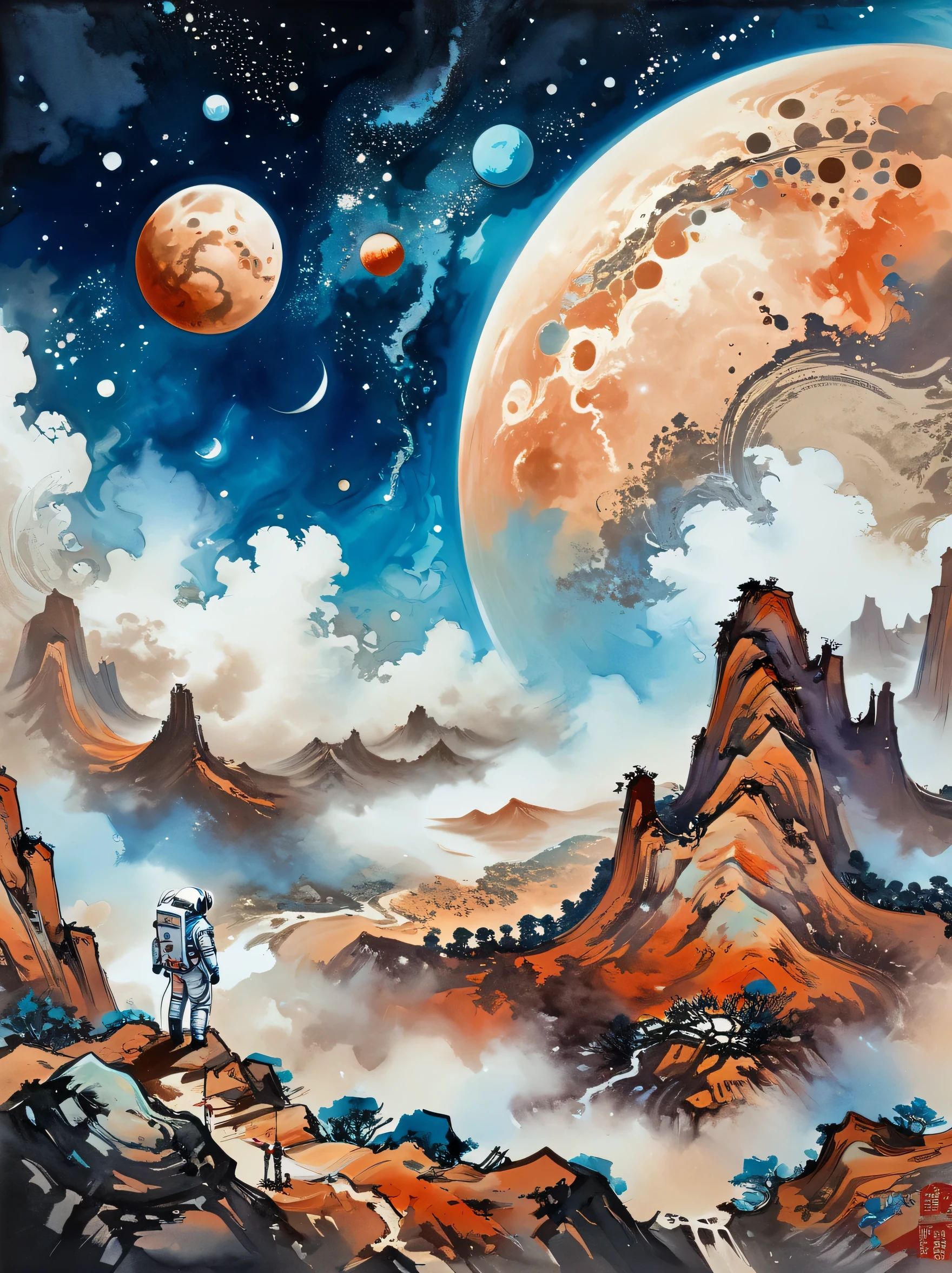 super detailed，Chinese ink style，Chinese Dream Landscape，(Distant planetary sky，一个穿着未来尖端技术制成的蓝色space suit，Mars climbing cliff close-up:1.8），Ringed planets floating in the sky，illustration，bright shining stars，Stunning galactic background，a mysterious and peaceful feeling，magical atmosphere、happy and peaceful scene、Surreal and ethereal colors、texture landscape、otherworldly environment、magnificent view、Hazy and mysterious atmosphere、dramatic light and shadow、Unique rock formations、A thrilling sense of adventure、Amazing natural wonders、Grandeur and sense of scale，Explore endless possibilities，space suit，(中国高科技space suit，高细节space suit，China's next generation of astronauts:1.5)