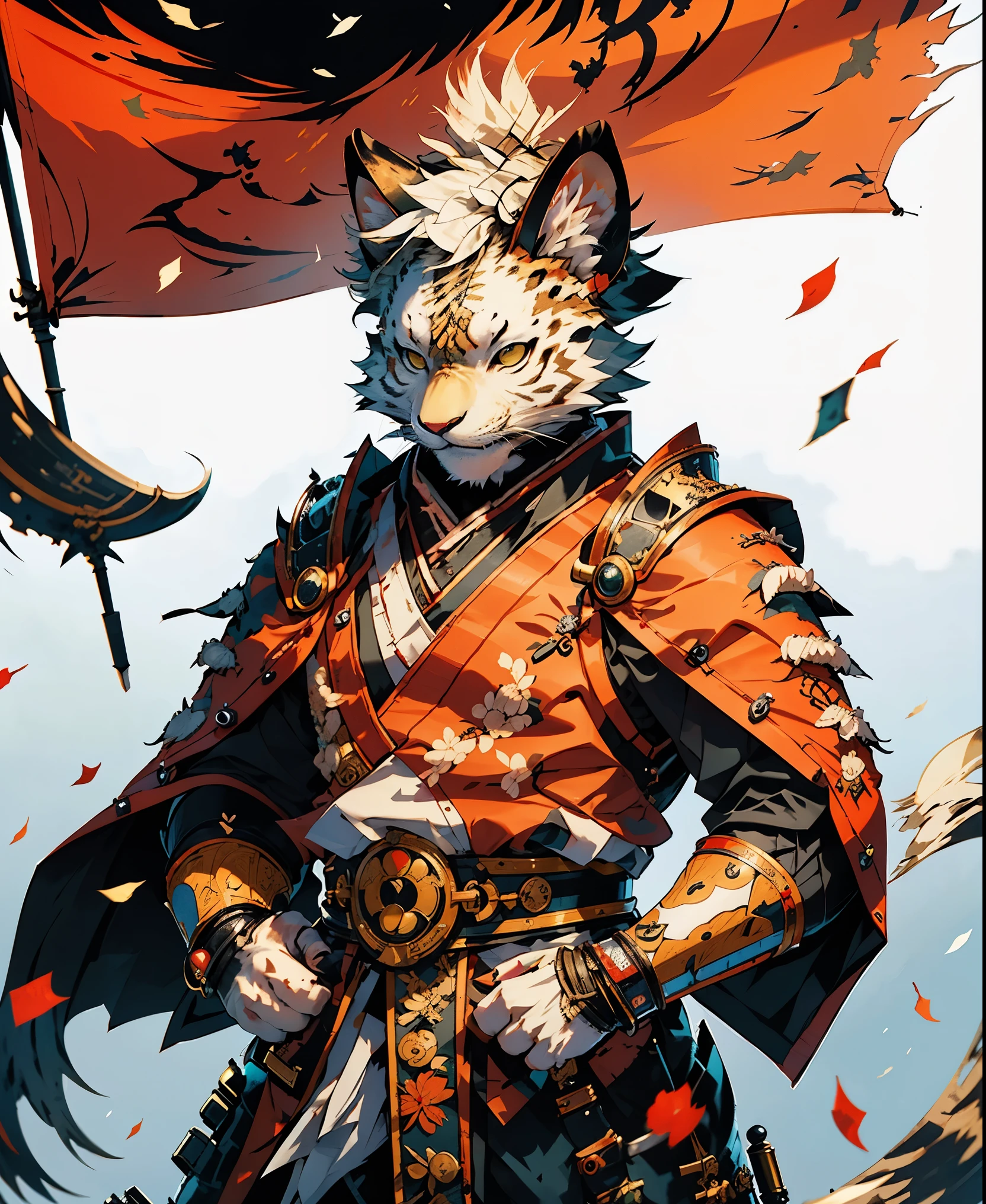 32K UHD QUALITY RESOLUTION, white tiger, samurai warrior, highly detailed samurai battle armor and sashimono war flag, dynamic battle pose, blood splattered, cherry blossoms blowing in the wind, post apocalyptic feudal Japan background 
