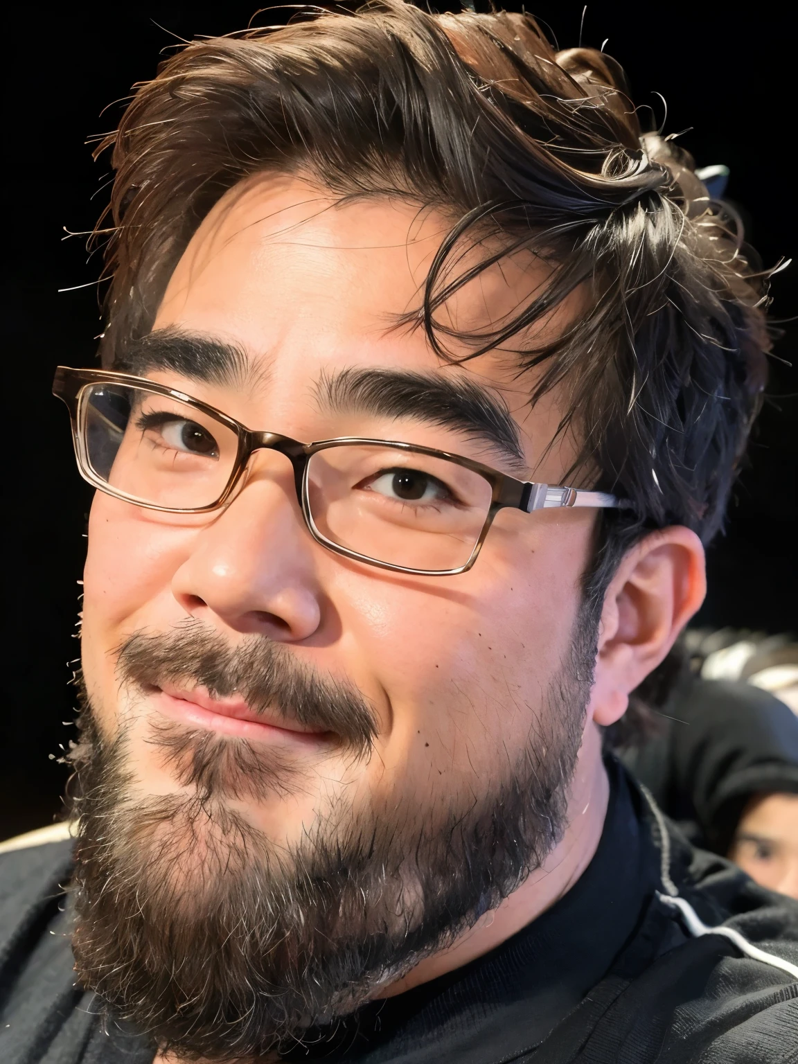 Top quality, 1 boy, Yosan, glasses, stubble, beard, black shirt, simple background, single eyelid, smile, shaved head