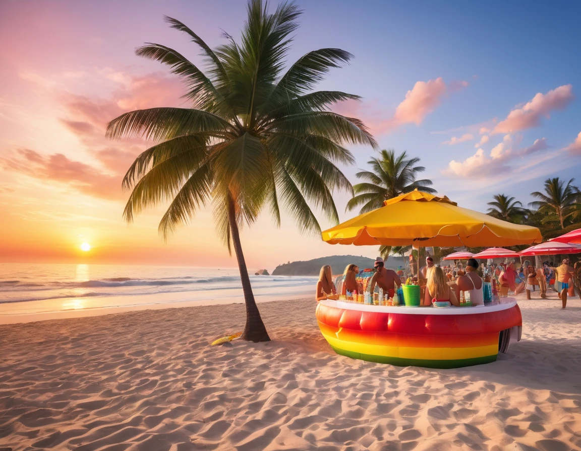 (best quality,4k,8k,highres,masterpiece:1.2),ultra-detailed,(realistic,photorealistic,photo-realistic:1.37),summer beach party,funny colorful atmosphere,sparkling ocean waves,sandy shore,people dancing and laughing,watermelon slices,floating inflatables,beach umbrellas,refreshing drinks,cool sunglasses,happy faces,sunset silhouette,joyful music,energetic vibes,sandy footprints,flying seagulls,vibrant beachwear,beach balls,beach volleyball,coconut drinks,bonfire by the beach,fireworks lighting up the sky,summer breeze,festive decorations,barbecue grills,party games,fiery sunset hues,beach-themed cocktails,straw hats,sandcastles,beautiful coastline,beachside palm trees,dancing shadows,seashells and starfish,ice cream carts,smiling lifeguards,friendship and laughter,memorable moments,unforgettable summer experience