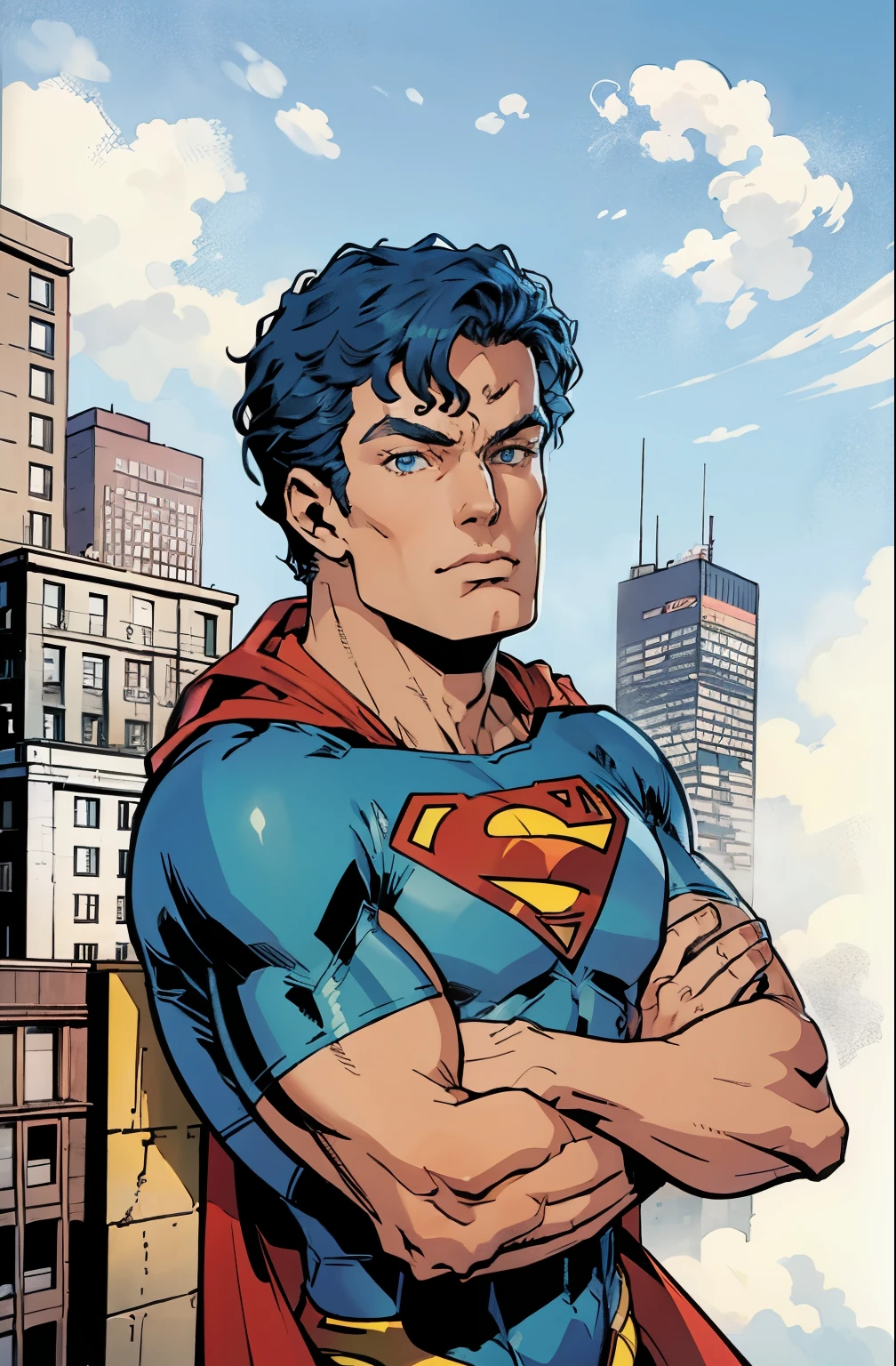 arafed man sitting on a ledge with a city in the background, ((Superman suit)),(blue eyes),90s comic ,Marvel Comics,background is New York city's,professional comic book style, prominent outline linework