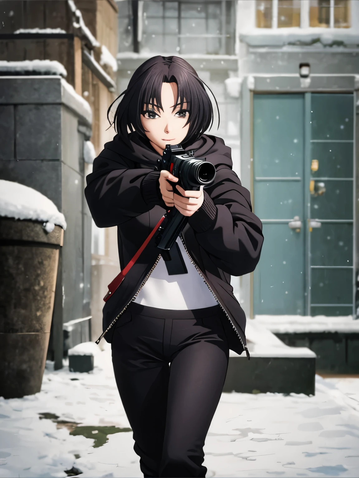 1 girl, Dominique de sade,Black hoodie, long pants, holding a gun, shooting, aiming at the viewer, at the north pole