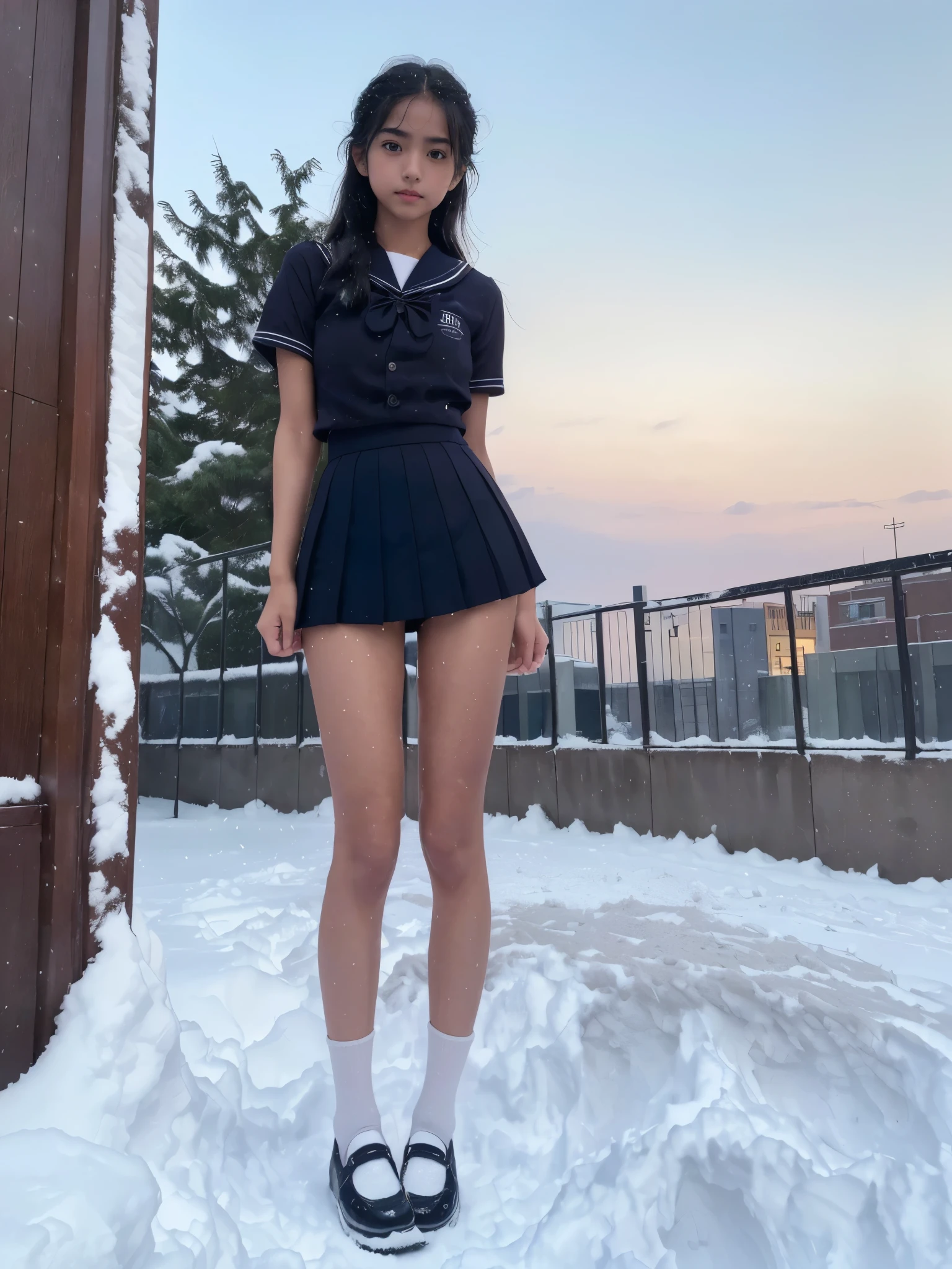 (in 8K、RAW Photos、top-quality、​masterpiece:1.2), (realisitic、Photorealsitic:1.37), ultra-detailliert, high resolution, 1girl in, a closeup, Raw feet, black eyes, japanese, (beautiful legs:1.3), (slender girl:1.3), a beauty girl, (Thin legs:1.3), a sailor suit, , high-school girl, JK, Ultra mini skirt, Dark blue pleated skirt, Short socks, Tri-fold socks, white sock, (short sleeves:1.2), Full body, (standing:1.2), (heavy snowing:1.2), (deep snow:1.4),(highschool_background:1.2), (loafer_shoes:1.1), (tanned_skin:1.5), (dark_skin:1.5), injured_legs, cute_legs