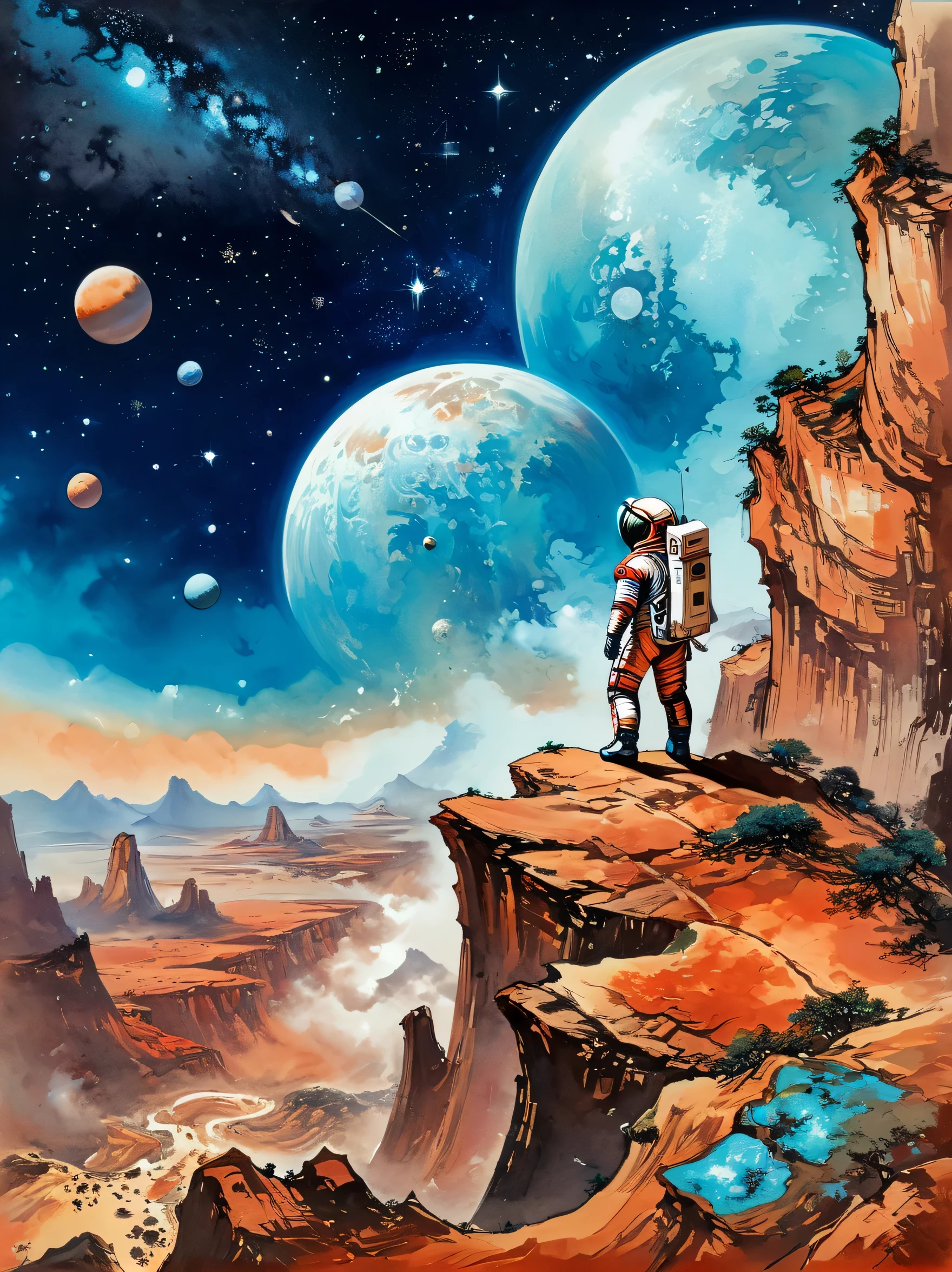 super detailed，Chinese ink style，Chinese Dream Landscape，(Distant planetary sky，一个穿着未来尖端技术制成的蓝色space suit，Mars climbing cliff close-up:1.8），Ringed planets floating in the sky，illustration，bright shining stars，Stunning galactic background，a mysterious and peaceful feeling，magical atmosphere、happy and peaceful scene、Surreal and ethereal colors、texture landscape、otherworldly environment、magnificent view、Hazy and mysterious atmosphere、dramatic light and shadow、Unique rock formations、A thrilling sense of adventure、Amazing natural wonders、Grandeur and sense of scale，Explore endless possibilities，space suit，(中国高科技space suit，高细节space suit，China's next generation of astronauts:1.5)