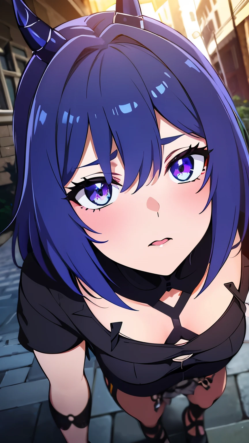 1 girl ,(big Stigmata), non binary, androgynous, School courtyard, (floating hair), ((in courtyard fountain)), character focus, ((black light)),((dark lighting)), cinematic lighting ,(darkness), (concept art), ((lustful face)), blue short straight hair, light blue hair color, dragonoid girl, short, short blue hairy, glowing bluish-purple horns, bluey-purple eye color, (glowing eyes), high resolution,(incredibly absurdres) ,extremely detailed CG unity 8k wallpaper, ((masterpiece)), ((top-quality)), (beautiful illustration), ((an extremely delicate and beautiful)), (masterpiece, Best quality, ultra high resolution), 1 girl, pale skin, Black Crown, purple eyes, Luminous_eyes, neon blue eyes, ultra detailed eyes, Beautiful and detailed face, detailed eyes, (Centered, torso), (wide shot:0.9), facing the viewer, Eye level, flat chested, flat chest, cup size AAA, Wearing black cargo shorts, sharp horns, blue horns on top of head, sexy, sexy pose, blushing