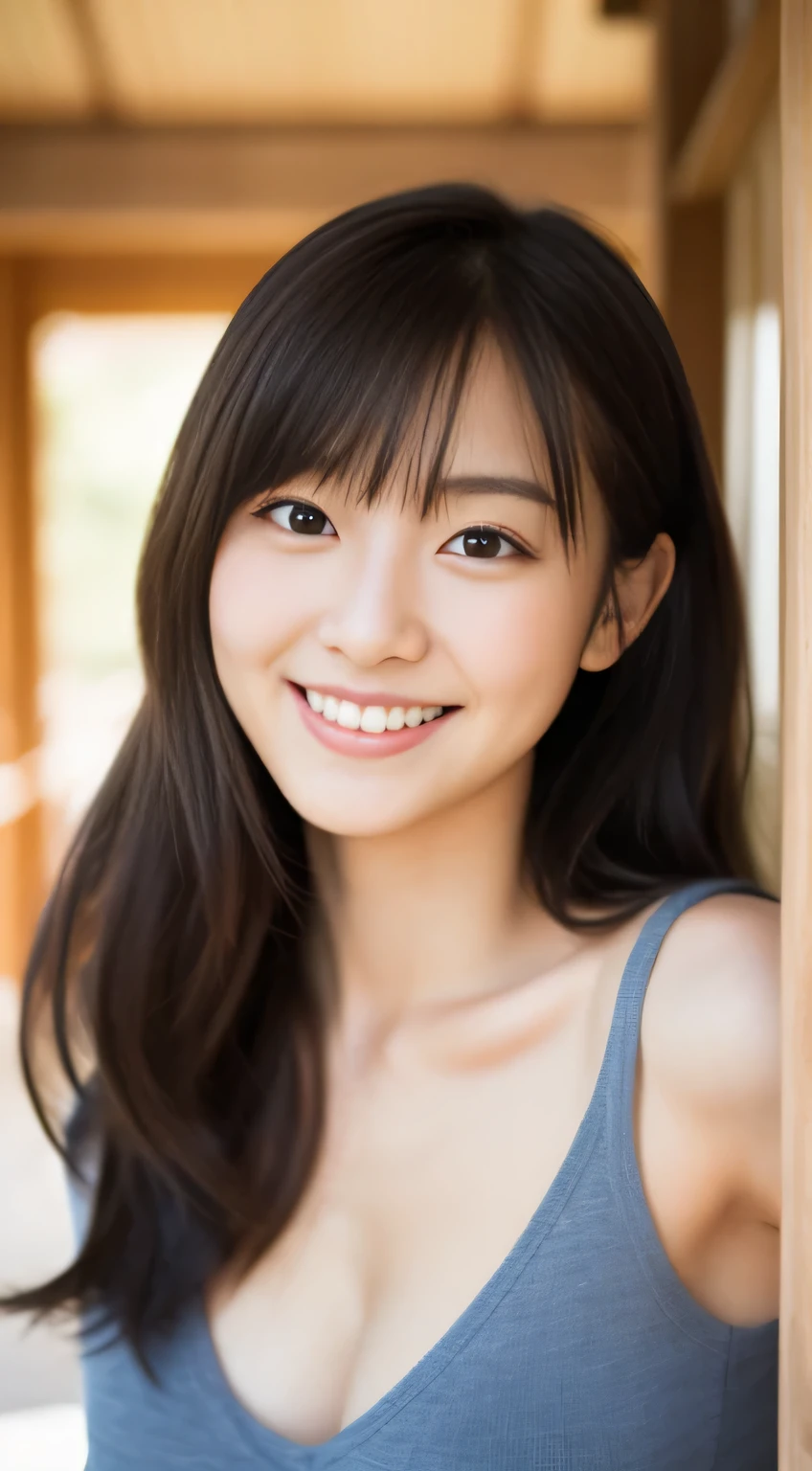 Japanese ),((beautiful girl)),cleavage,An expression that imagines something pleasant:1.2,(perfect body beauty:1.2),((perfect body)),(shy smile),beautiful teeth,