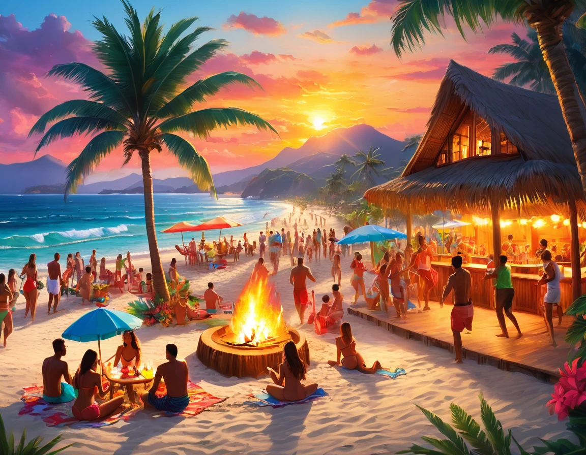 Beach party, full moon and heat haze combine, mystical atmosphere, beach party, reflective water, ultrahigh definition, 3D depth, inspired by Leonardo da Vinci, Rembrandt, J.M.W. Turner