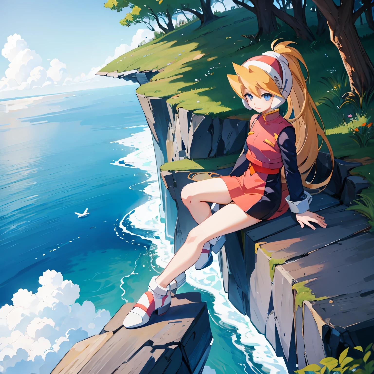 ciel_megamanz, 1girl, solo, long hair, blue eyes, blonde hair, ponytail, headgear, masterpiece, high quality, overlooking the ocean on the edge of a rock, in the style of avian-themed, realistic yet stylized, villagecore, azure, orange and azure, dragoncore, aerial view