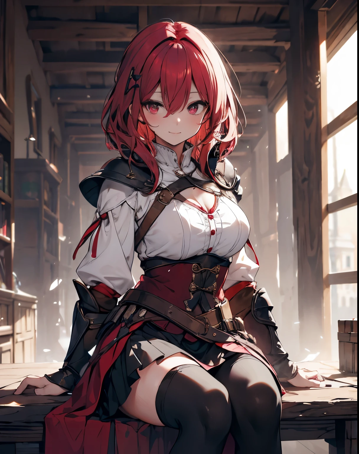 masterpiece,1girl, sparrow, a crimson haired girl, wearing a medieval clothes, curly medium hair, messy hair, black skirt, slim body, medium breasts, she close her left eye, shirt ornament, ****ppai, seductive expression, beautiful breasts, rounded breasts, crimson eyes, dress, miniskirt, sit in medieval tavern, ahoge, seductive smile, breast armor, 