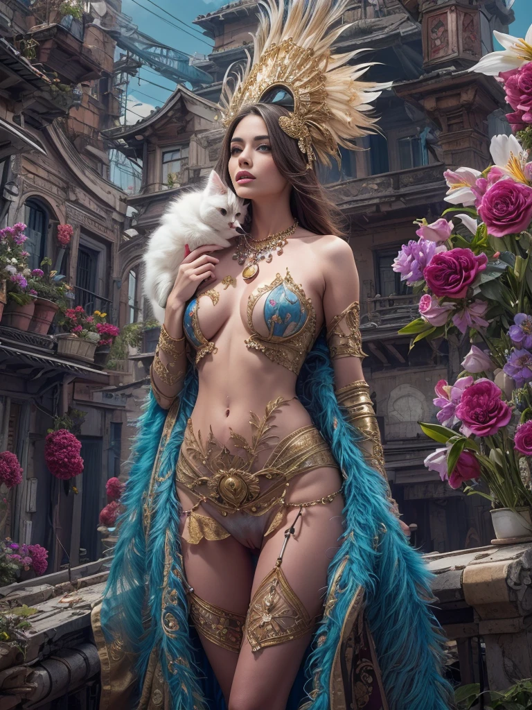 RAW, Masterpiece, Ultra clear photo, Best quality, ultra high resolution, Photorealistic, Sunbeam,，Futuristic city, Coruscant，super fantastic houses, Tall buildings in the background, super fantastic flying ships, Very beautiful girl 25 years old...，seductive look，wants sex, completely naked，An adorable swan helmet on the head with intricate blue detailing and metallic feathers., hat with gold and red roses and peacock feathers, transparent latex on the body, very beautiful long slender detailed face, lace sheer full body stockings, Blue eyes, detailed, neat background, startling, high-detailed skin, реалистичная detailing кожи, detailed vagina, nipples sticking out through clothes, visible pores, full length, beautiful slender legs, barefoot, sharp focus, volumetric fog, contract for 8 thousand., high quality, detailing, bright skin, photorealism, systemic impact，Extreme exhibitionism, Gold necklace around the neck, slender body, medium breasts, hands behind your back, Vagina naked, little fluffy kitten, stands on the roof of the house, starships in the sky, many colors, lilies, violets, roses, gladioli and dahlias.