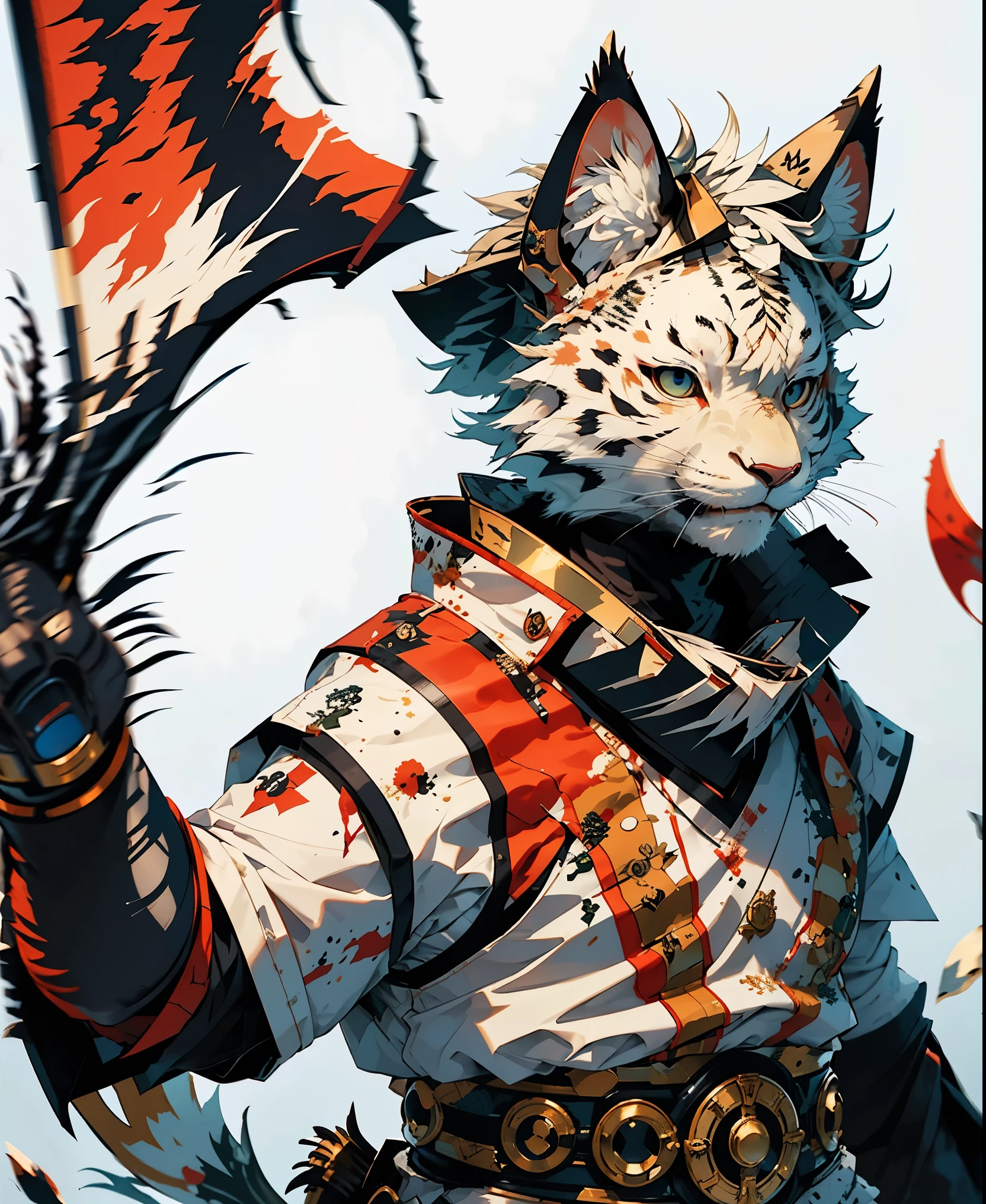 32K UHD QUALITY RESOLUTION, white tiger, samurai warrior, highly detailed samurai battle armor and sashimono war flag, dynamic battle pose, blood splattered, cherry blossoms blowing in the wind, post apocalyptic feudal Japan background 