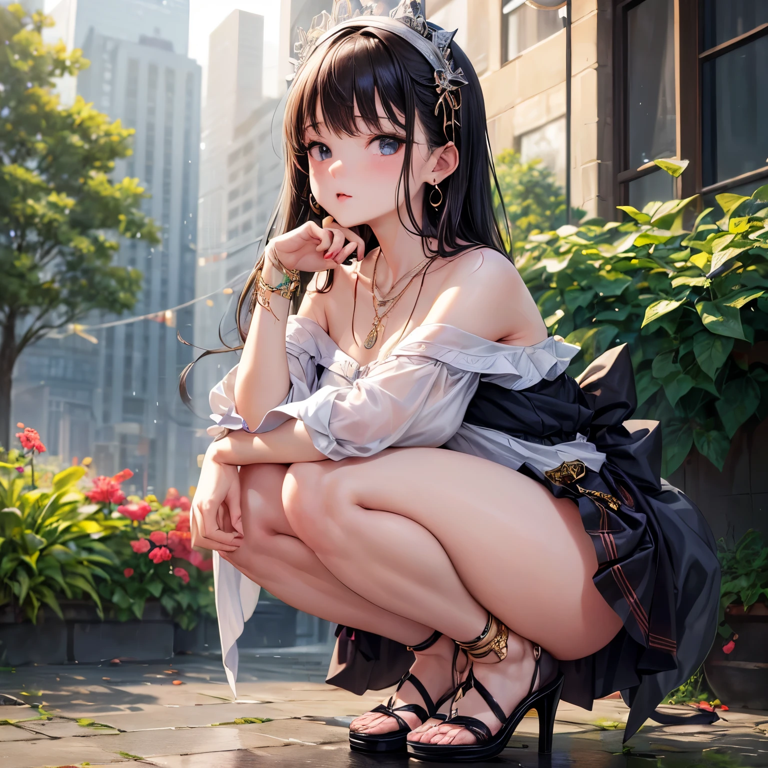 NSFW、4K、masterpiece、((focus on the face)), (full body shot, Full body photo including face), ((Cute symmetrical face))、Full Beautiful Girl、Beautiful woman、slender body、(small butt、thin thighs）、off shoulder、Box Pleated Skirt、(high heels、stockings、anklet）、I could see the whole body、head to toe photo、small earrings、necklace、turn away from the viewer、The subject is far away、shallow depth of field、wide angle focal length、upward glance、Shoot with focus on the face、(Biologically correct number of limbs、correct hand drawing)、high angle、realistic pictures、(City area after the rain)、squat、Photographed from an angle