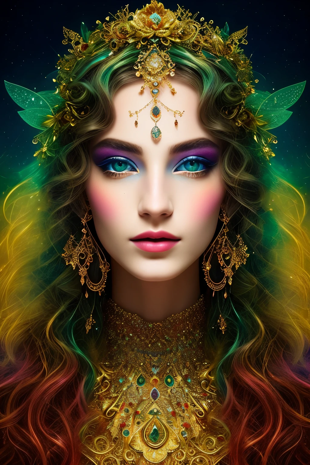 (masterpiece) An enchanting and captivating image of Daniel Davies, exuding both glamour and fantasy, in the style of surrealist art. Tulga's ethereal figure is depicted with intricate details, showcasing shimmering metallic fabric and flowing, translucent locks. His mesmerizing golden eyes radiate a mystical power, drawing the viewer in. The background is a whimsical dreamscape, filled with flickering lights and vibrant colors, creating an otherworldly atmosphere. High resolution, HDR, 8k.