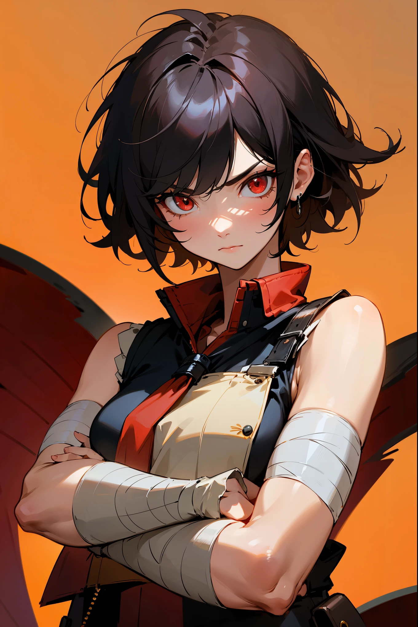 1female, short messy hair, black hair, red eyes, sleeveless jacket, old clothing, bandaged arms, arm braces, serious expression, guild hall background, detailed background, arms crossed
