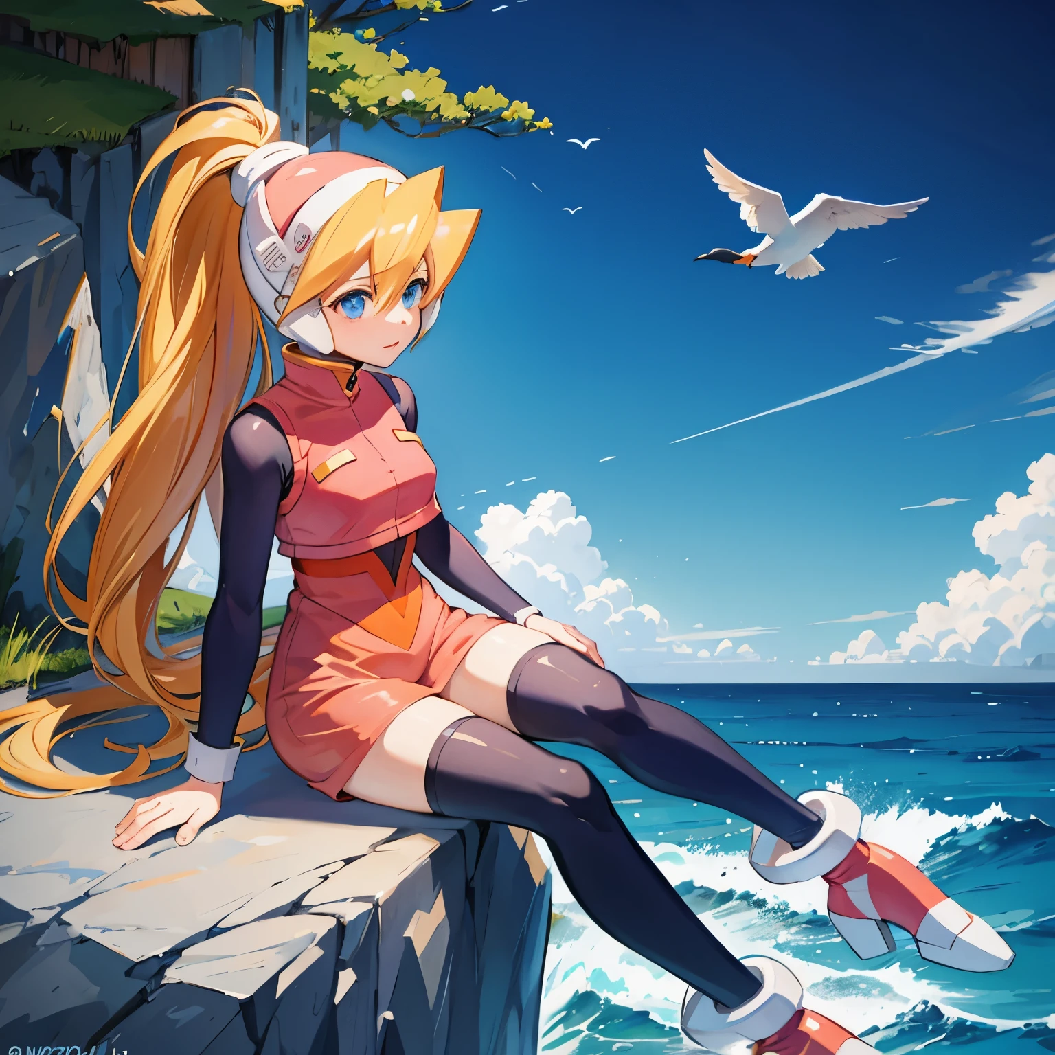 ciel_megamanz, 1girl, solo, long hair, blue eyes, blonde hair, ponytail, headgear, masterpiece, high quality, overlooking the ocean on the edge of a rock, in the style of avian-themed, realistic yet stylized, villagecore, azure, orange and azure, dragoncore, aerial view