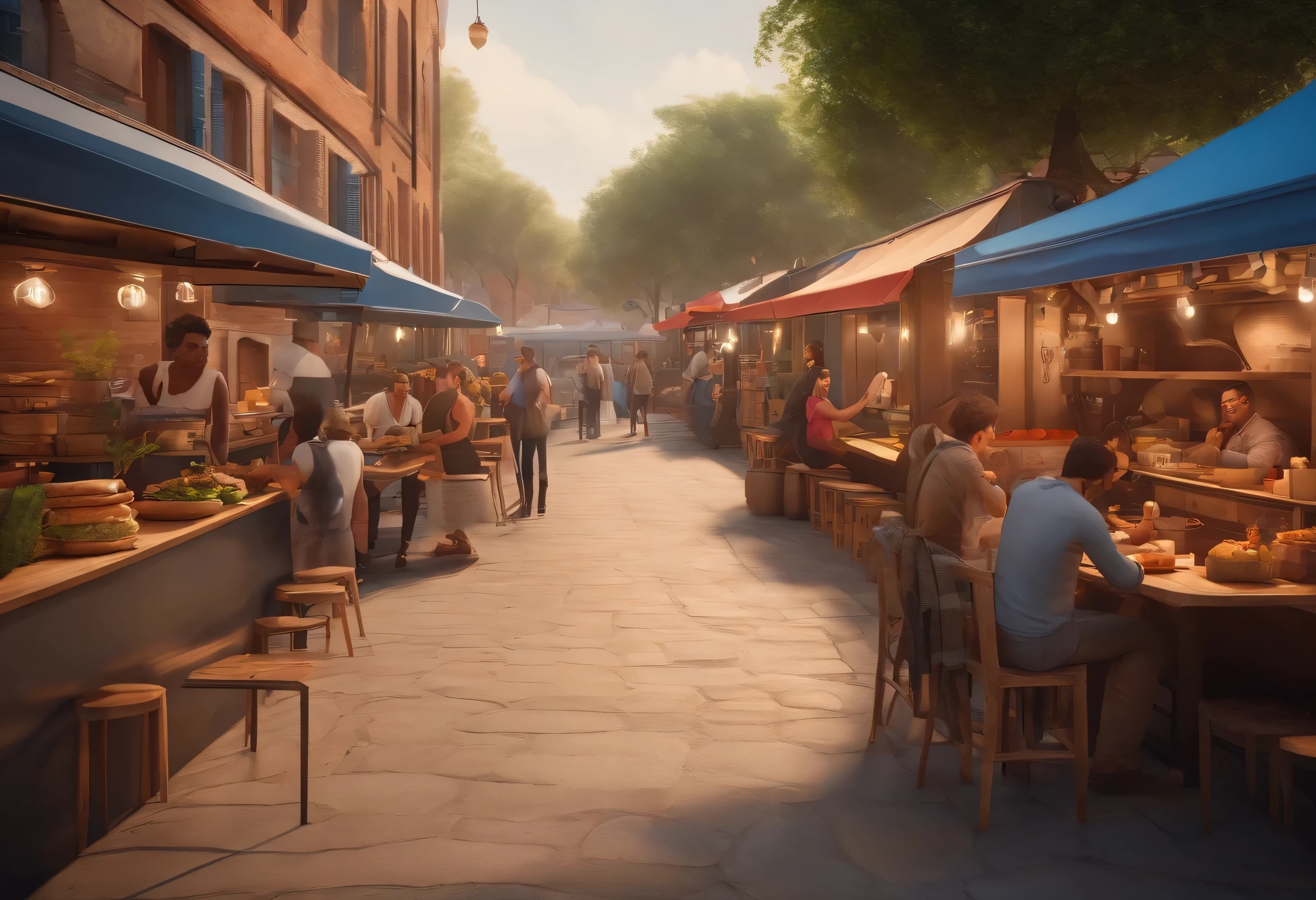 food street with food trucks, people, place for rest and seat, modern , afternoon, realistic, 8k, high detailed, one side of street 