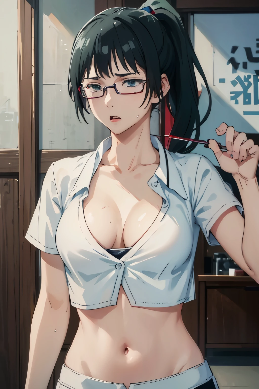 masterpiece, highest quality, NSFW, 1 girl, Vomiting blood from the mouth。painful expression。Glasses, ponytail, white crop top, cleavage, fine eyes, detailed facial features, リアルでHigh resolution (highest quality, 4k, 8k, High resolution, masterpiece:1.2)