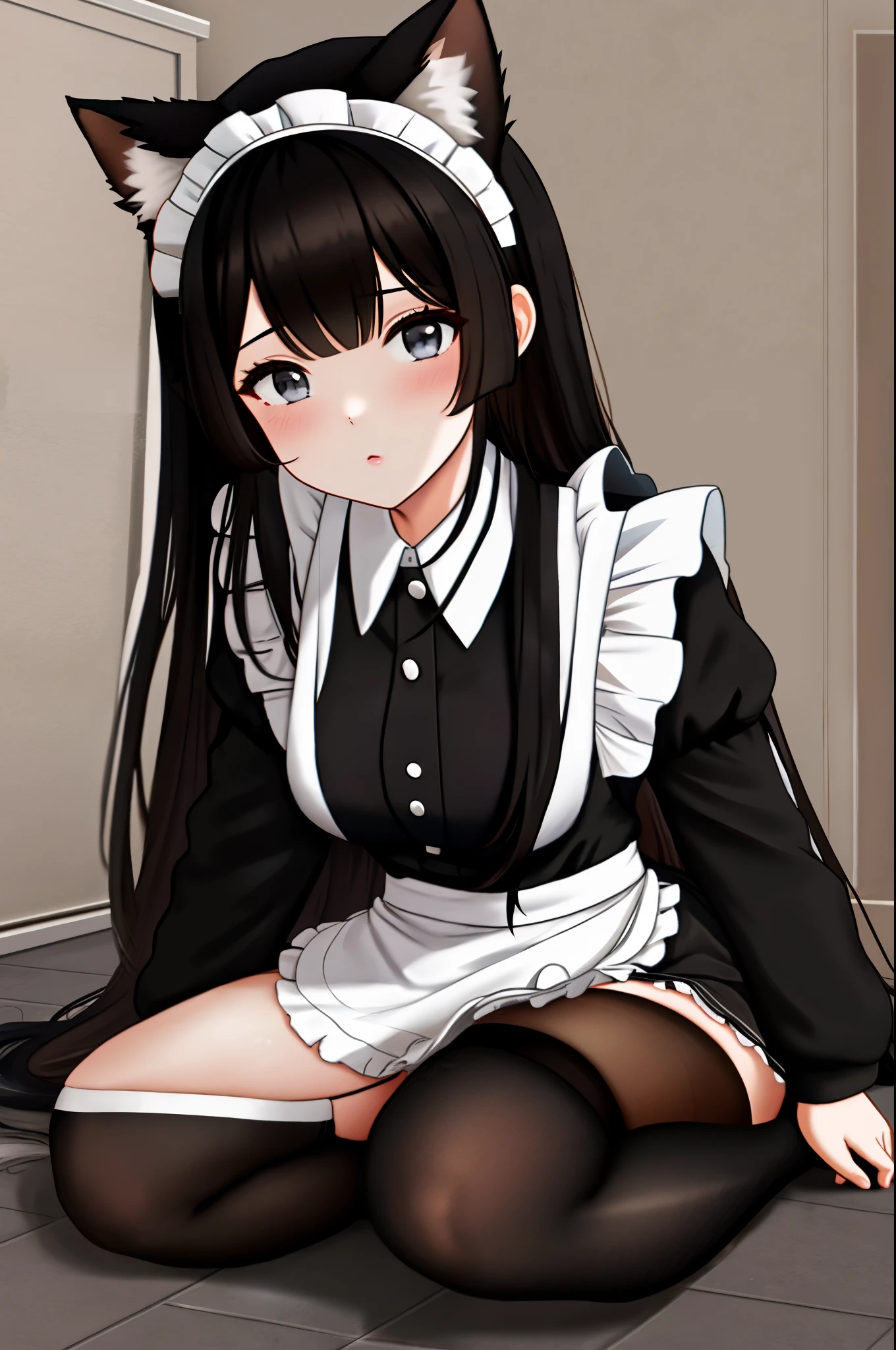 a woman with long black hair wearing black tights and a black and white maid uniform, 1girl, solo, thighhighs, apron, long hair, brown hair, black thighhighs, animal ears, maid, looking at viewer