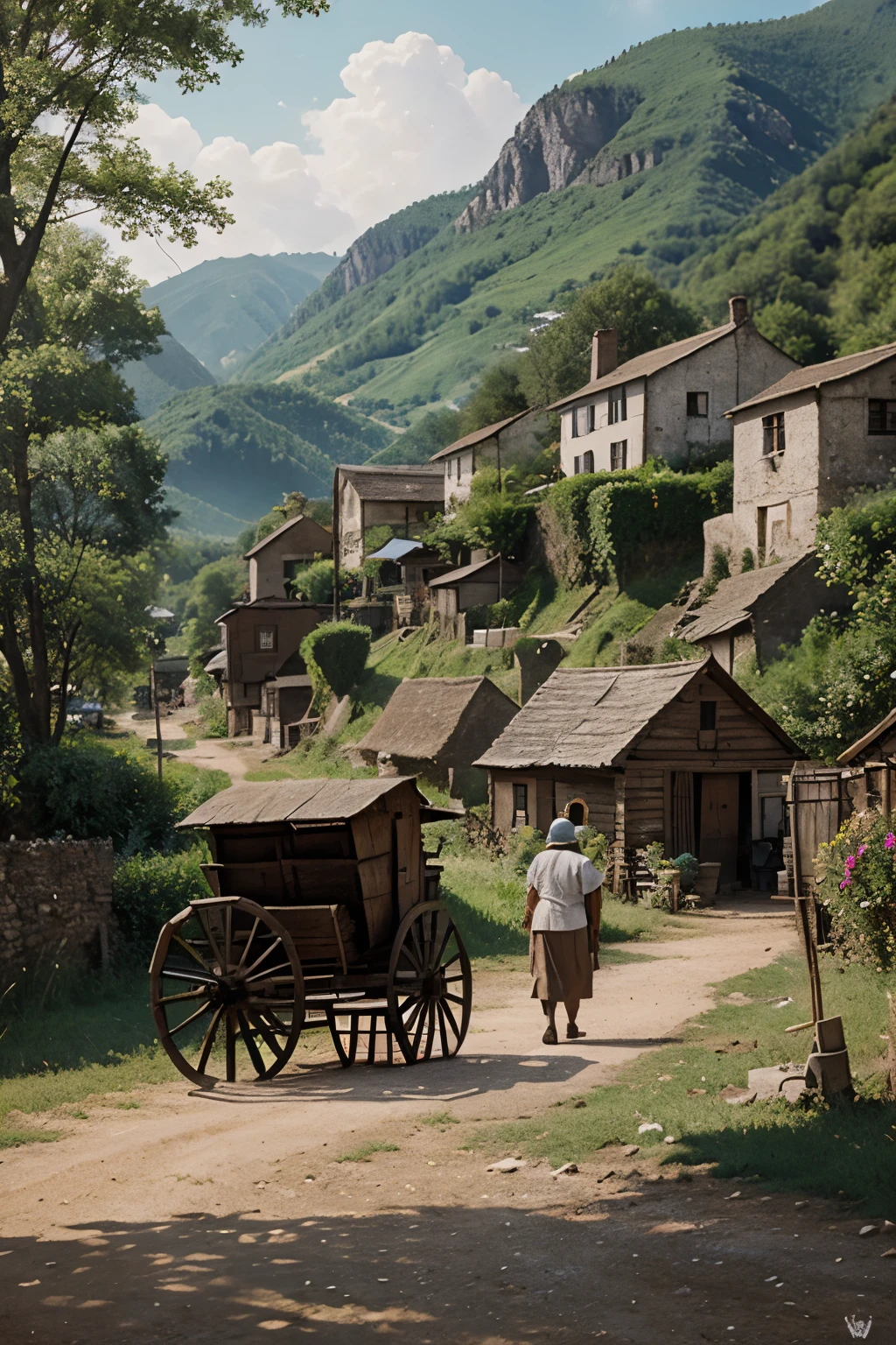 oil painting, village in the past, There is a cart.