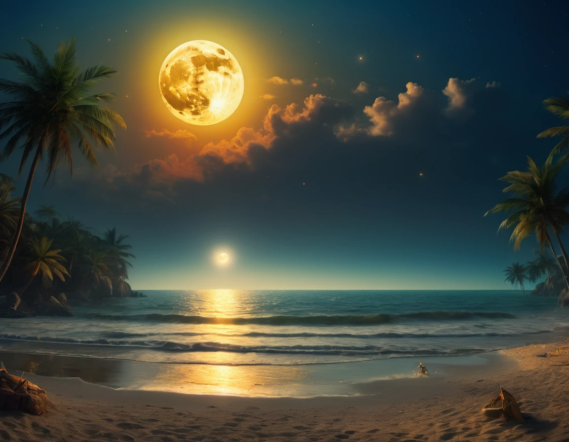 Beach party, full moon and heat haze combine, mystical atmosphere, beach party, reflective water, ultrahigh definition, 3D depth, inspired by Leonardo da Vinci, Rembrandt, J.M.W. Turner