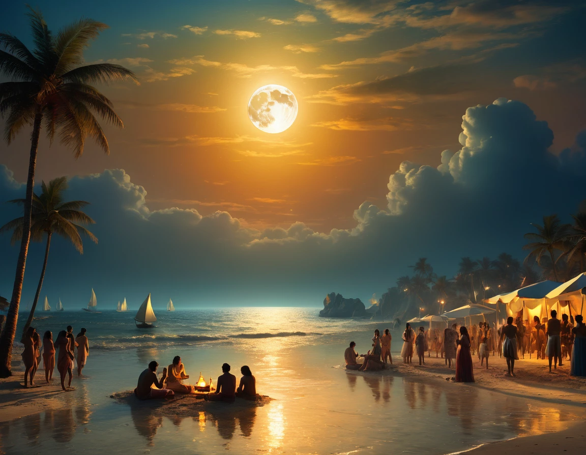 Beach party, full moon and heat haze combine, mystical atmosphere, beach party, reflective water, ultrahigh definition, 3D depth, inspired by Leonardo da Vinci, Rembrandt, J.M.W. Turner