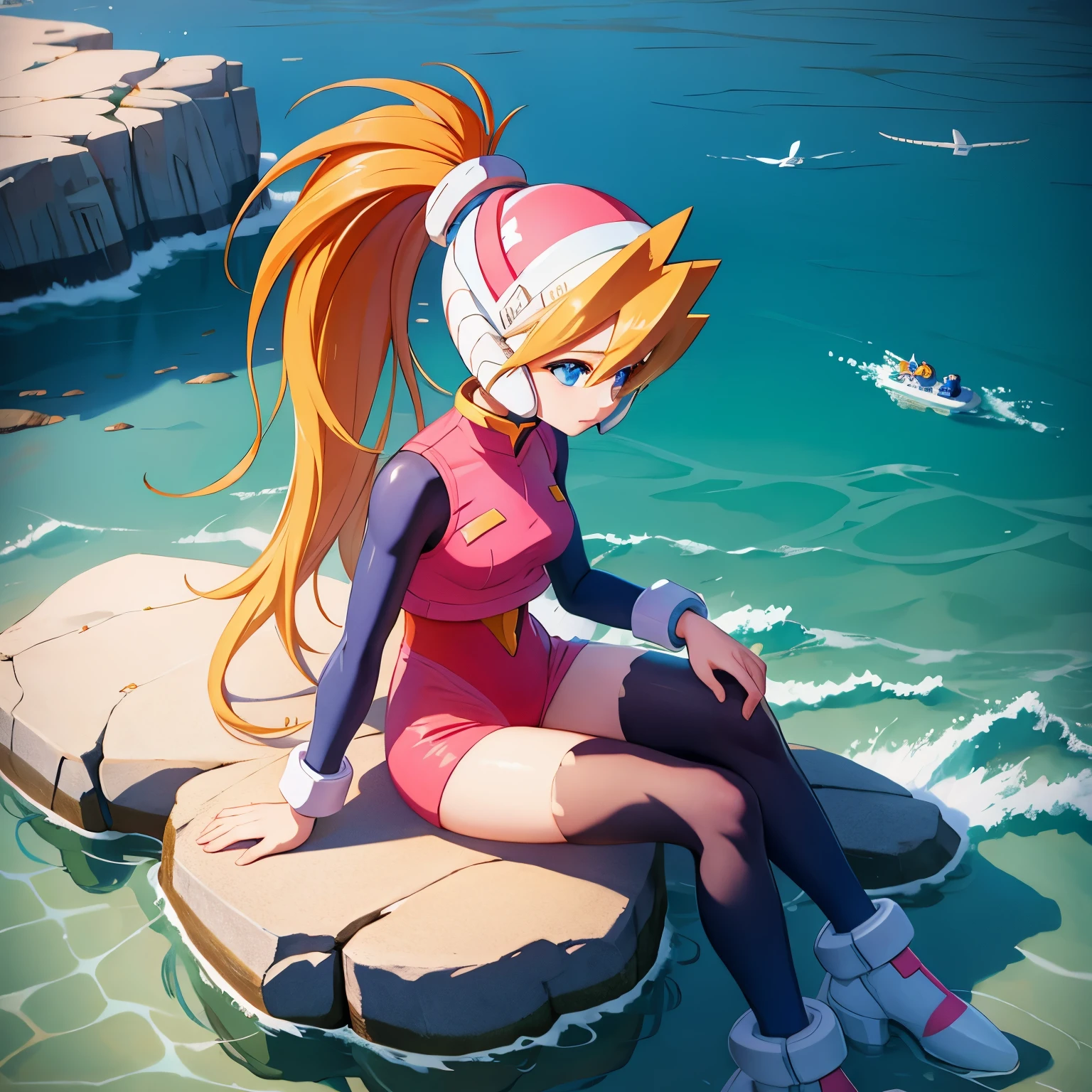 ciel_megamanz, 1girl, solo, long hair, blue eyes, blonde hair, ponytail, headgear, masterpiece, high quality, overlooking the ocean on the edge of a rock, in the style of avian-themed, realistic yet stylized, villagecore, azure, orange and azure, dragoncore, aerial view