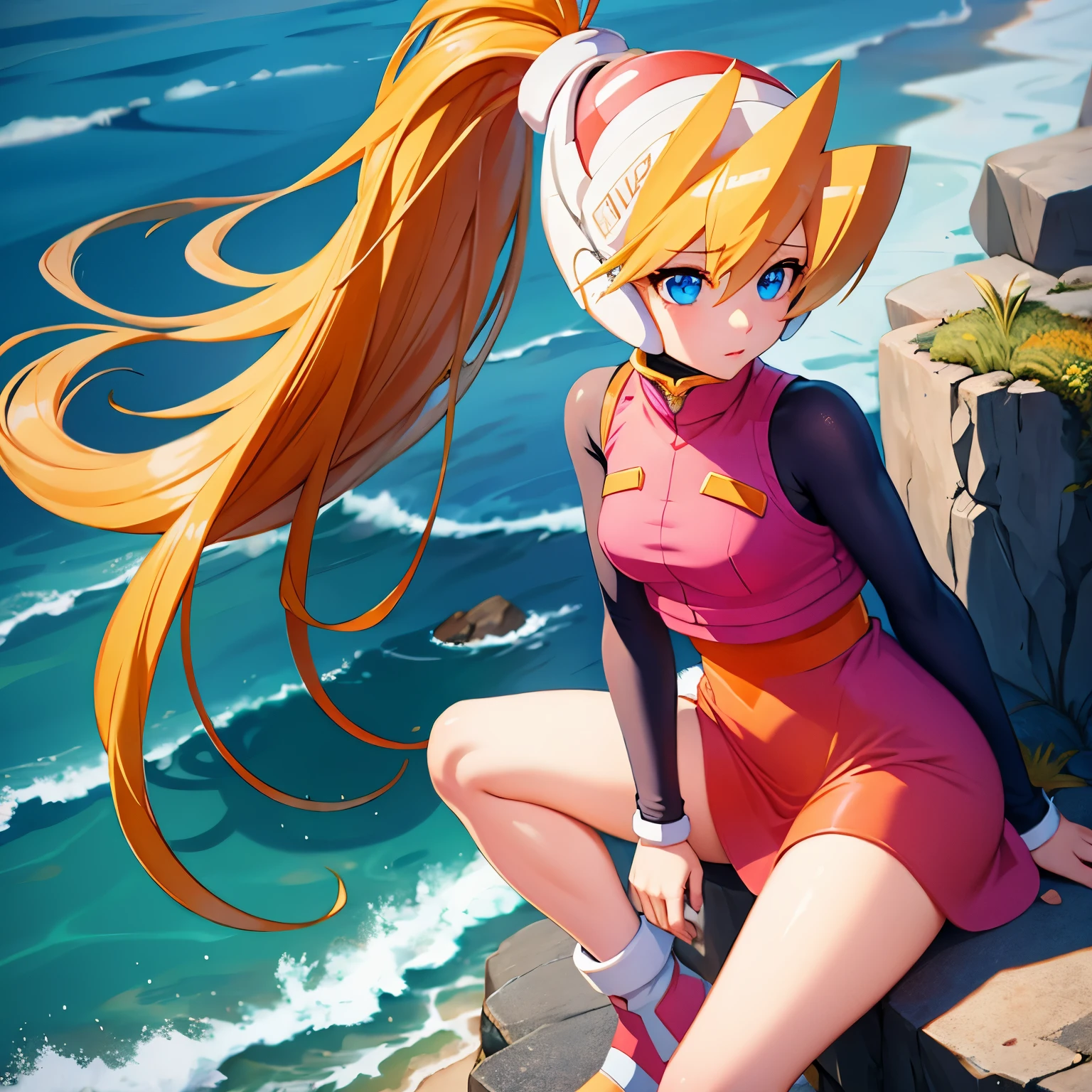 ciel_megamanz, 1girl, solo, long hair, blue eyes, blonde hair, ponytail, headgear, masterpiece, high quality, overlooking the ocean on the edge of a rock, in the style of avian-themed, realistic yet stylized, villagecore, azure, orange and azure, dragoncore, aerial view