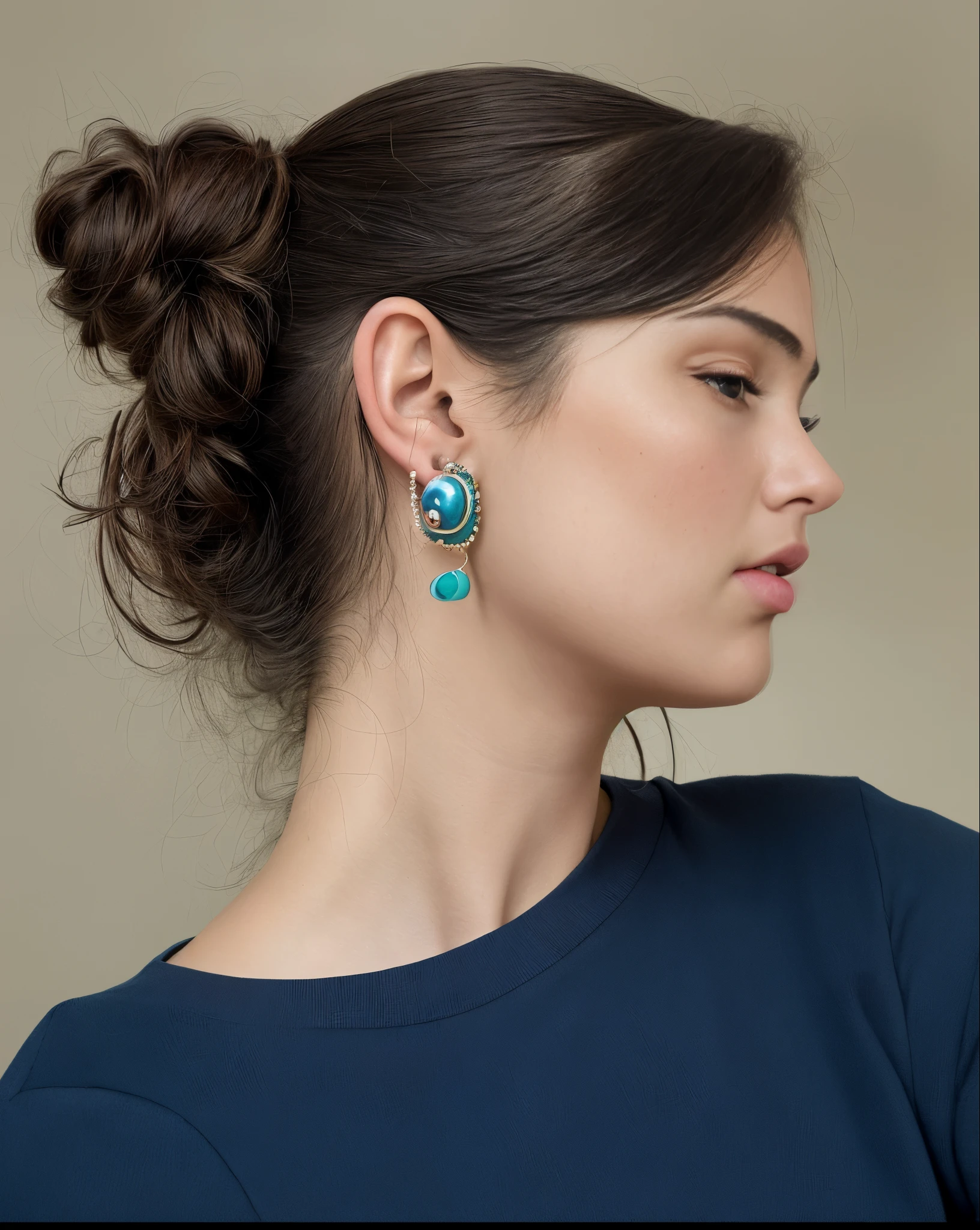 there is a woman with a blue shirt and brincos holding a cell phone, cabelo castanho em dois coques, brincos, brinco, with pequenos brincos cravejados, girl with a pearl brincol, girl with messy bun hairstyle, wearing pearl brincos, big brincos, an brinco, huge brincos, pequenos brincos cravejados, multiple brincos, giant brincos, por Anna Haifisch