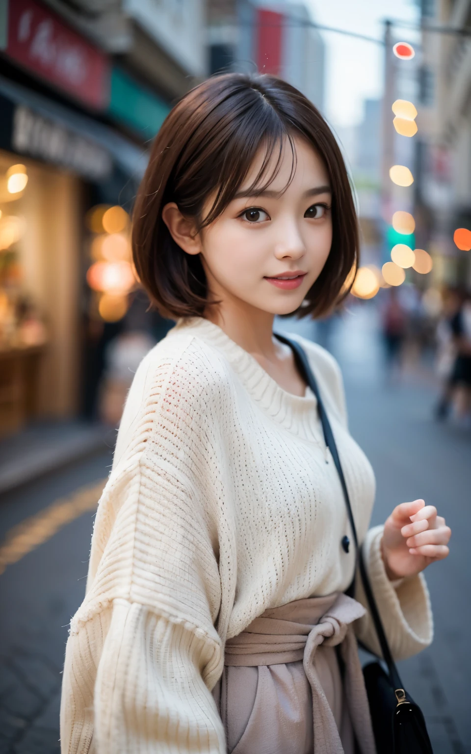 cute 21 year old japanese、In town、shopping、super detail face、pay attention to details、double eyelid、beautiful thin nose、sharp focus:1.2、Beautiful woman:1.4、(light brown hair,short hair、),pure white skin、highest quality、masterpiece、ultra high resolution、(Photoreal:1.4)、Highly detailed and professional lighting、nice smile、show the whole body、Cute autumn clothes、