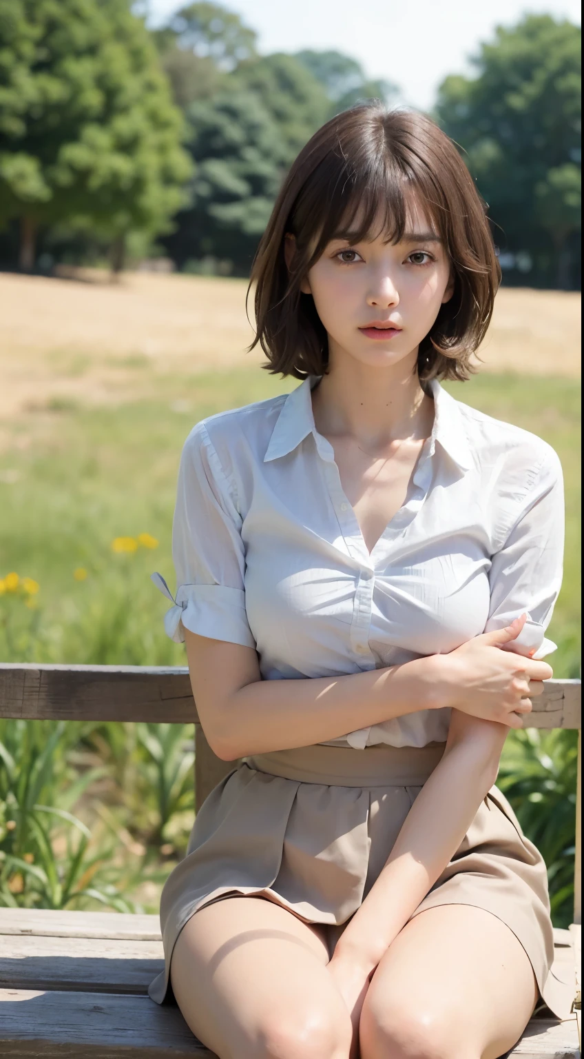(RAW photo, highest quality), (realistic, Photoreal:1.3), table top, very delicate and beautiful, soft light, (brown hair, short hair swaying in the wind, bangs), beautiful detailed girl, (finger details), highly detailed eyes and face, beautifully detailed nose, detailed and beautiful eyes, 1 girl, Japanese, pure beauty, cute, young, silk collar shirt, long flare skirt, (Half body:1.3), (medium breasts), realistic face, realistic body, outdoors、between legs、panties、stain