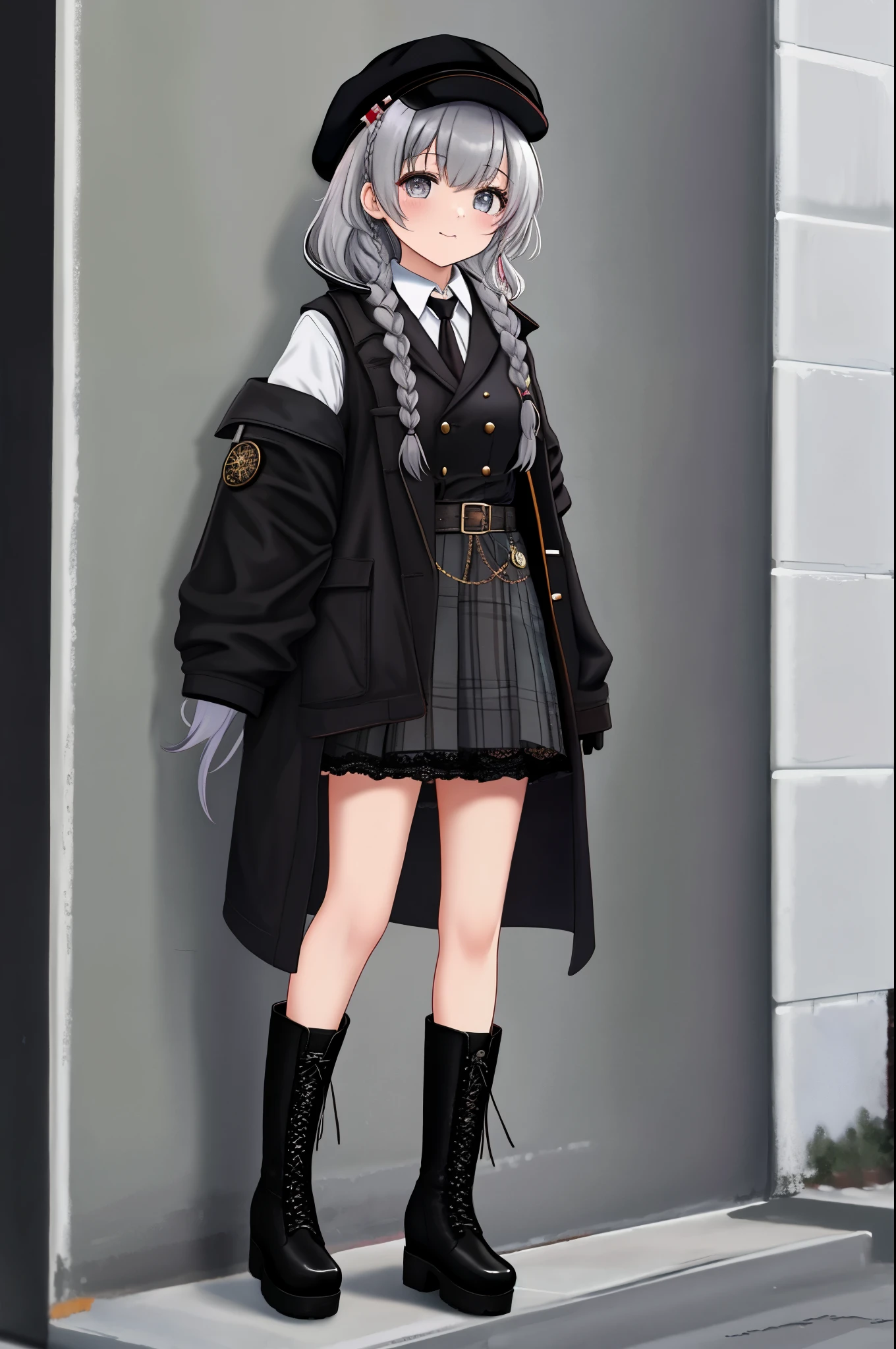 1girl,absurdres,black_footwear,black_gloves,black_skirt,boots,braid,cabbie_hat,closed_mouth,coat,collared_shirt,cross-laced_footwear,cross_tie,dress_shirt,fold-over_boots,frilled_skirt,frills,full_body,gloves,grey_eyes,grey_hair,hand_up,hat,high-waist_skirt,highres,holding,holding_pocket_watch,knee_boots,lace-up_boots,leg_belt,long_hair,looking_at_viewer,miniskirt,nagisa_(virtuareal),nijisanji,official_art,open_clothes,open_coat,pocket_watch,shirt,side_braid,sidelocks,skirt,sleeves_past_elbows,solo,standing,standing_on_one_leg,suspender_skirt,autoappealing,autoappealingdb, best quality, masterpiece, nai3