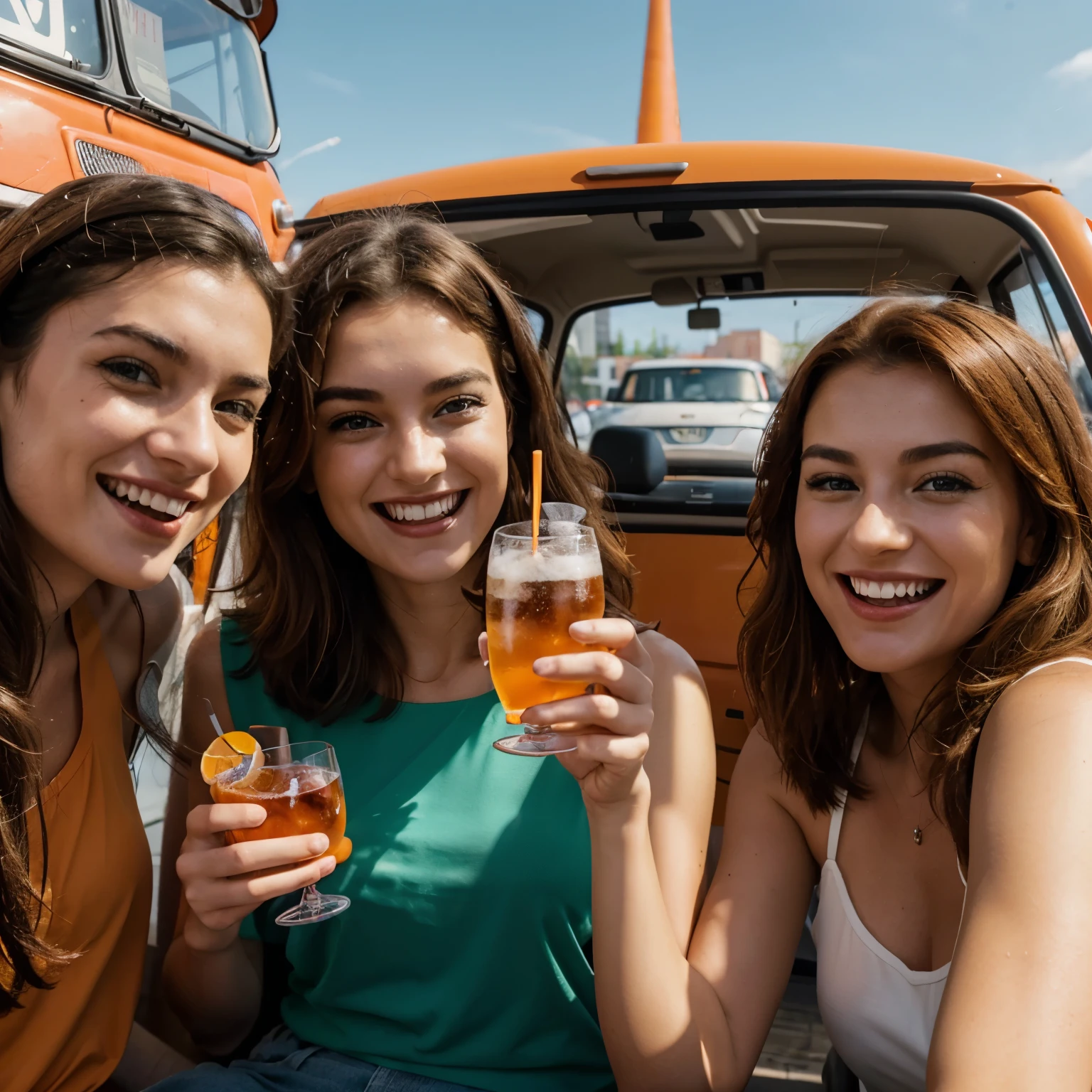 Young men and women drinking Aperol spritz in an orange Volkswagen T1 van laughing and having fun. Der Wind weht durch die Haare der Frauen Sonnenuntergang in Berlin Fernsehturm Sightseeing Berlin 