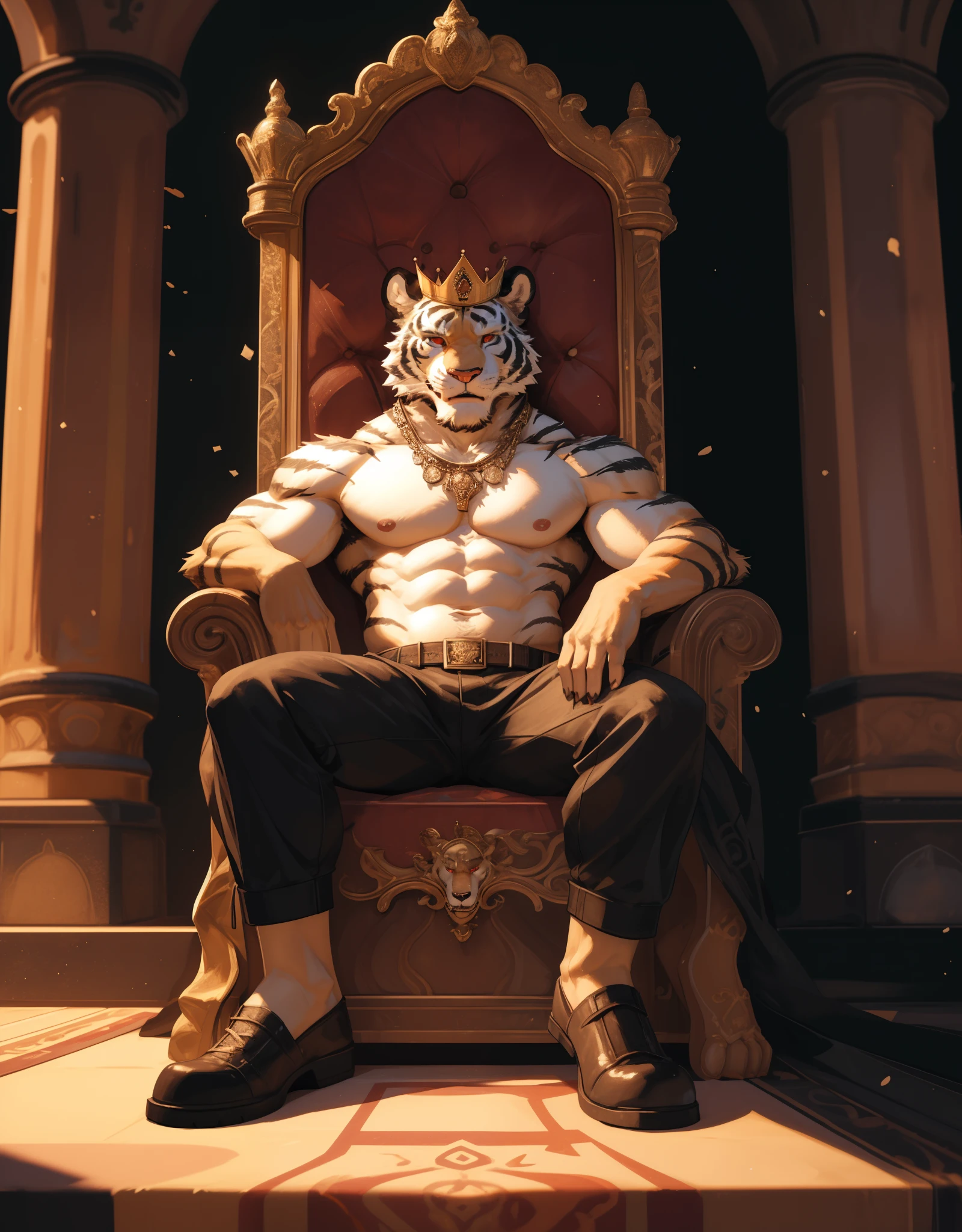 Best quality, masterpiece, expressionless,ultra high res,detailed background,realistic, real shadow and light,depth of field, White tiger furry, Muscular, Topless, Sexybody, Sixpack, Bad Guy, Naked, Sitting on the throne, king crown, red eyes.