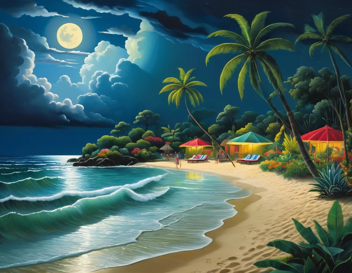 Beach party in beach, moonlight and thunderstorm merge, enchanting scene, beach party, lush beach, ultrahigh definition, 3D depth, inspired by Henri Rousseau, Frida Kahlo, Henri Matisse