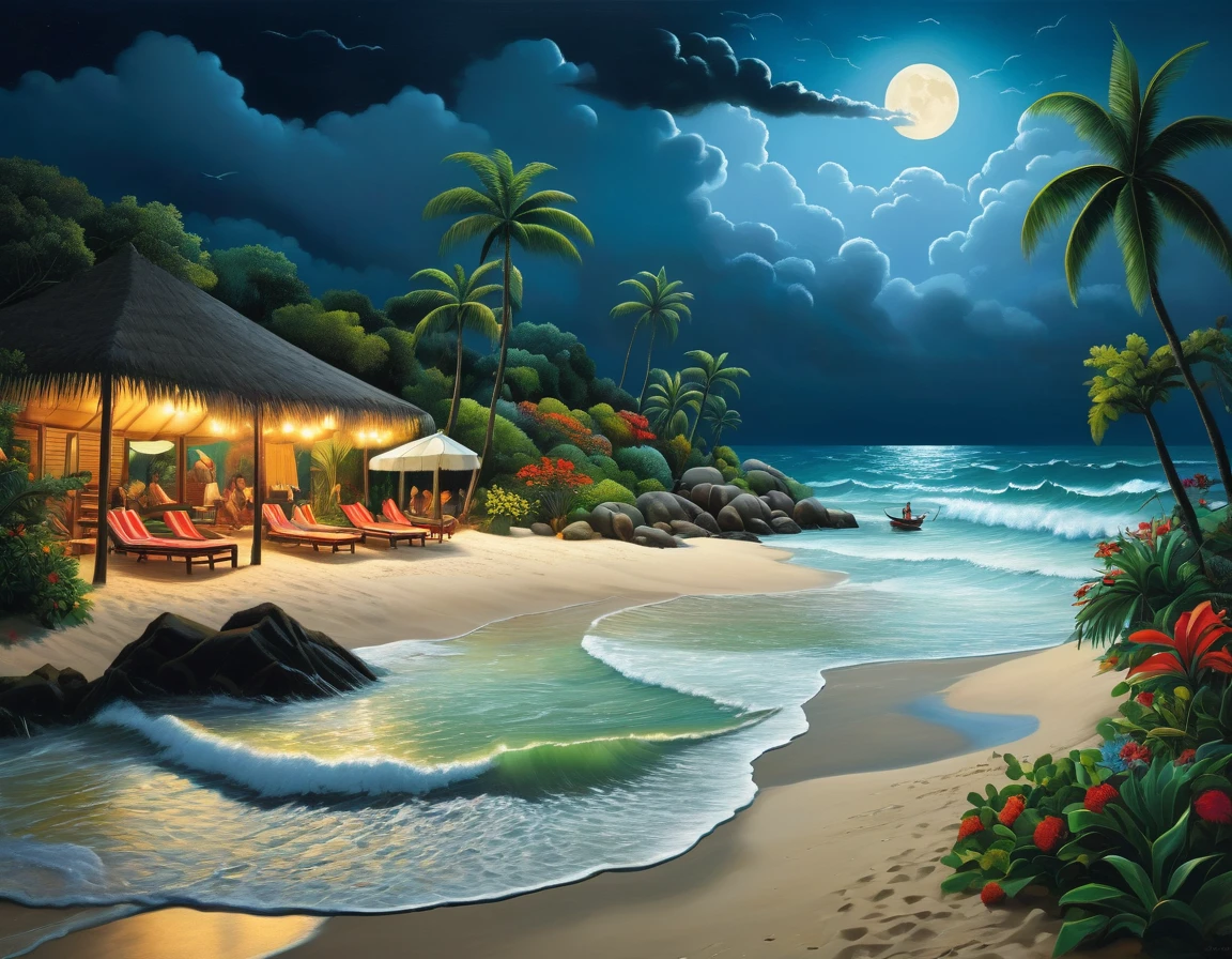 Beach party, full moon and heat haze combine, mystical atmosphere, beach party, reflective water, ultrahigh definition, 3D depth, inspired by Leonardo da Vinci, Rembrandt, J.M.W. Turner