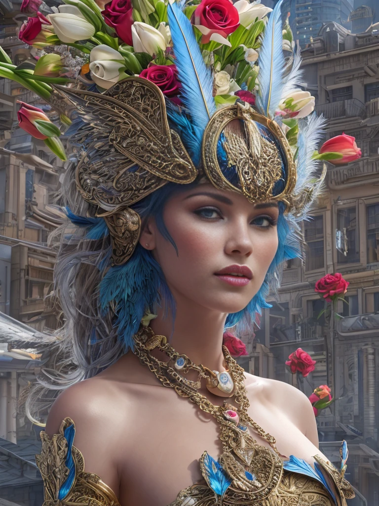 RAW, Masterpiece, Ultra clear photo, Best quality, ultra high resolution, Photorealistic, Sunbeam,，Futuristic city, Coruscant，super fantastic houses, Tall buildings in the background, super fantastic flying ships, Very beautiful girl 25 years old...，seductive look，wants sex, completely naked，An adorable swan helmet on the head with intricate blue detailing and metallic feathers., hat with gold and red roses, very beautiful long slender detailed face, Blue eyes, detailed, neat background, startling, high-detailed skin, реалистичная detailing кожи, detailed vagina, nipples sticking out through clothes, visible pores, full length, beautiful slender legs, barefoot, sharp focus, volumetric fog, contract for 8 thousand., high quality, detailing, bright skin, photorealism, systemic impact，Extreme exhibitionism, Gold necklace around the neck, slender body, medium breasts, hands behind your back, Vagina naked, little fluffy kitten, stands on the roof of the house, starships in the sky, many colors, lilies, violets, roses, gladioli and dahlias.