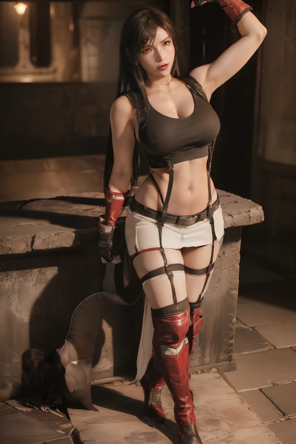 (masterpiece, best quality, cinematic, photorealistic, ultra-detailed), 1girl, sexy body, (Tifa Lockhart), (wide shot, from the front, full body shot:1.5), (long, curly, red hair, caramel highlights:1.2), perfect hands, wide hips, (heart-shaped with defined cheekbones and a porcelain complexion), (full lips with a deep berry lipstick, slightly parted lips, fluffy lips, thick lips, lip gloss), (bursting breasts, large cleavage:1.3), (Tifa has very dark hair, varying brown to black, which typically falls below her waist and is tied at the tips to form a dolphin-tail split), (Tifa wears a white tank top and black miniskirt with a belt and suspenders:1.5), (dons red and black gloves that extend to her elbows, red boots, black socks, and a metal guard on her left elbow.:1.2), (seductive pose, standing and twerking on a big rock:1.4), (detailed eyes, detailed pupil)